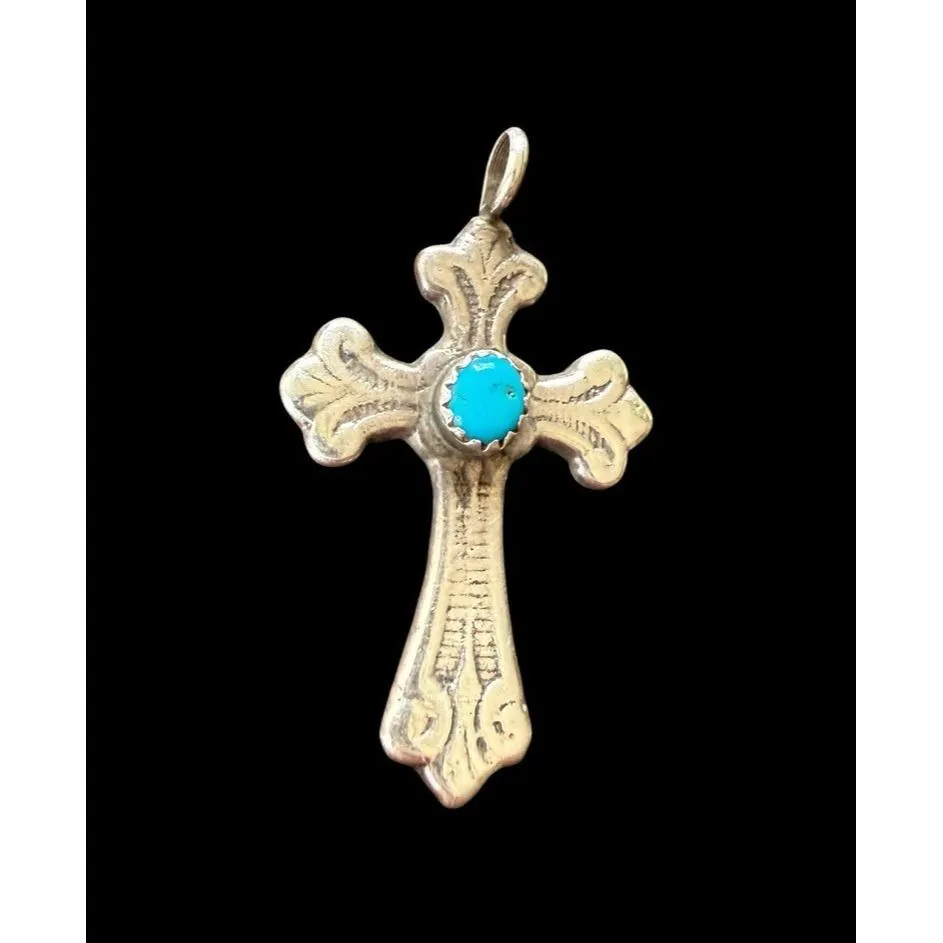 Navajo Handmade Etched Cross Sterling Silver Round Turquoise - image 5