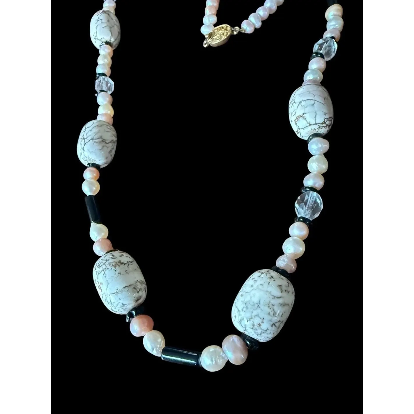 Vintage White Howlite Turquoise Cultured Pearl Crystal Onyx Beaded 925 Clasp - image 4