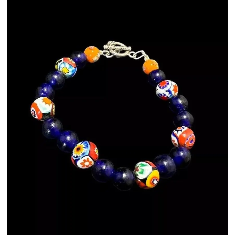 Vintage Blue Glass Floral Millefiori Toggle Bracelet Round Glass Beaded 8 in
