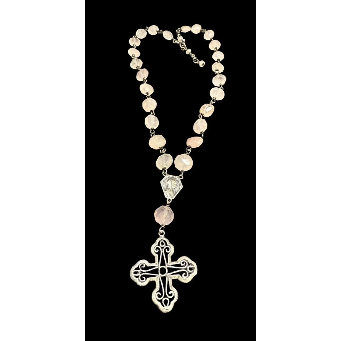 Vintage Sterling Silver Cross Necklace Rose Quartz Beads Mary Medal - image 3