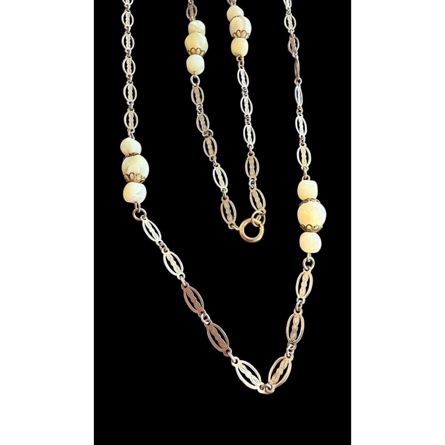 Art Deco Gold Tone Filigree Link Mother of Pearl Station Flapper Necklace Long - image 5