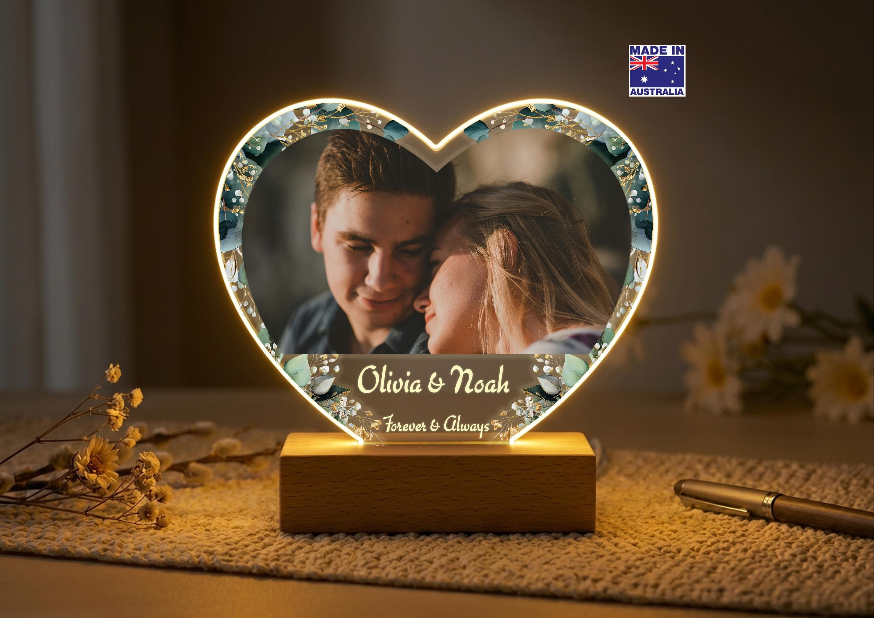 Personalised Engagement Gift for Couple, Custom Photo Night Light, Engagement Announcement Plaque, Heart LED Lamp with Base