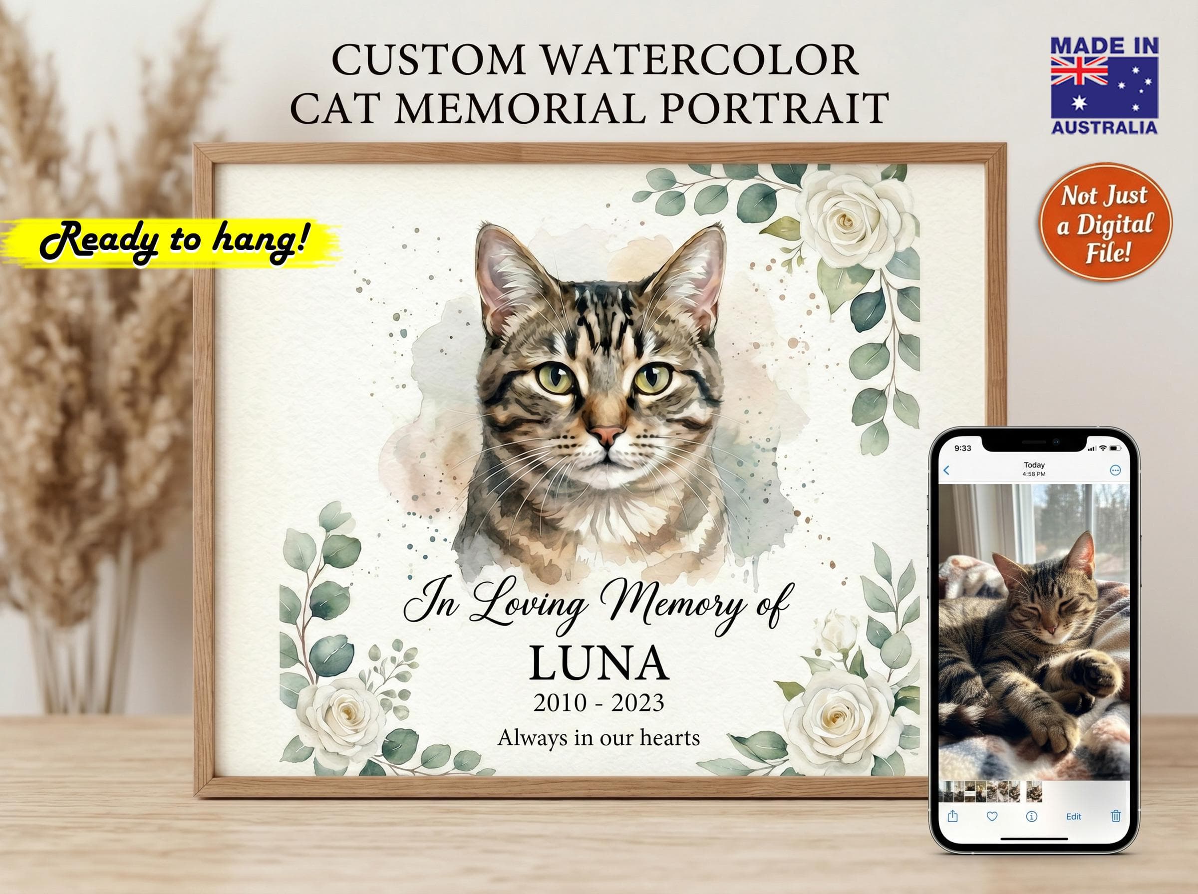 Custom Watercolor Pet Kitty Memorial Portrait Printed + Framed, Personalised Cat Dog Bird Painting from Photo, Ready to Hang, Wall Art Gift