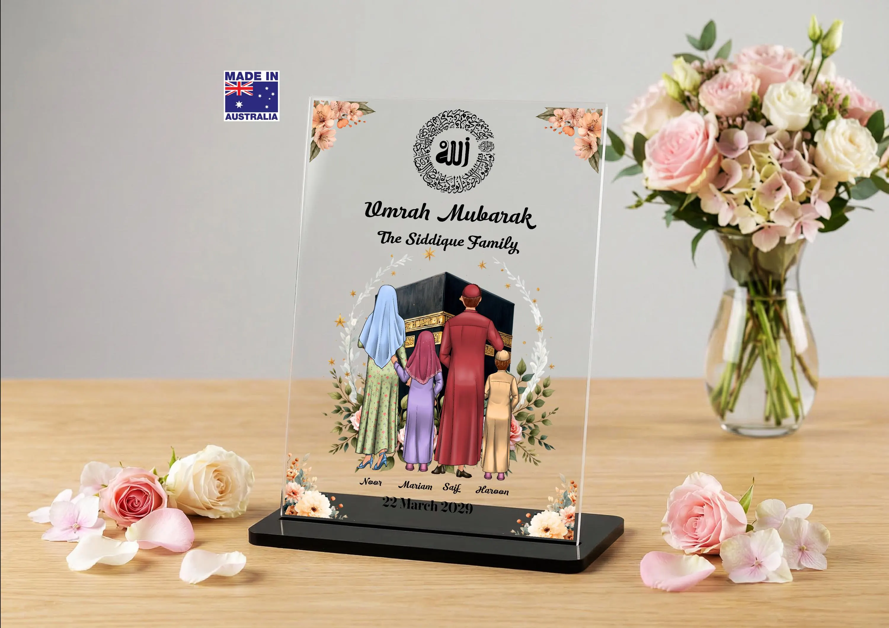 Personalised Umrah Mubarak gift, Islamic Hajj Murbarak plaque with Stand, Kaaba, Ramadan Eid Murbarak Family, Home Decor