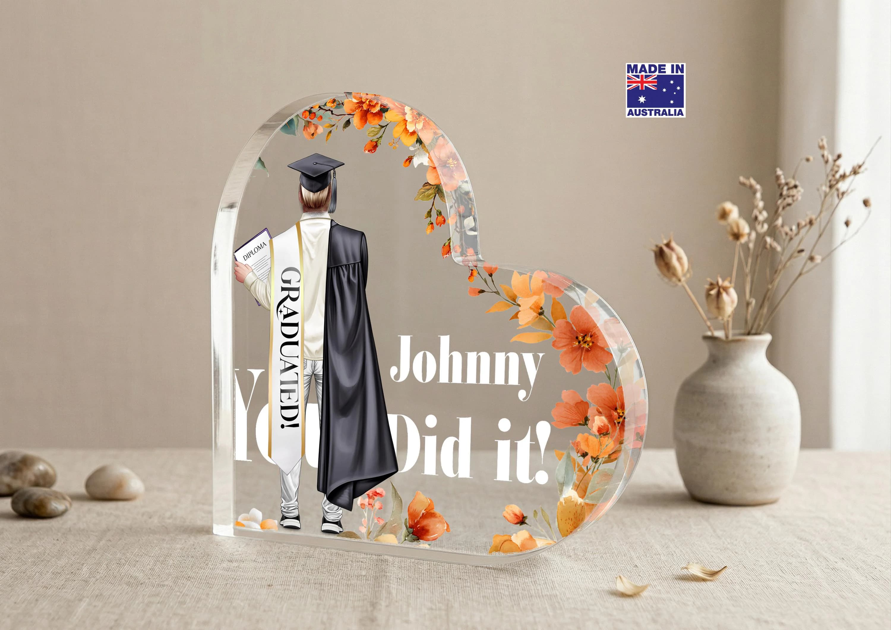 Personalised Heart Shaped Acrylic plaque for Graduation Boy, Custom UV Printed Graduation Gift - image 2