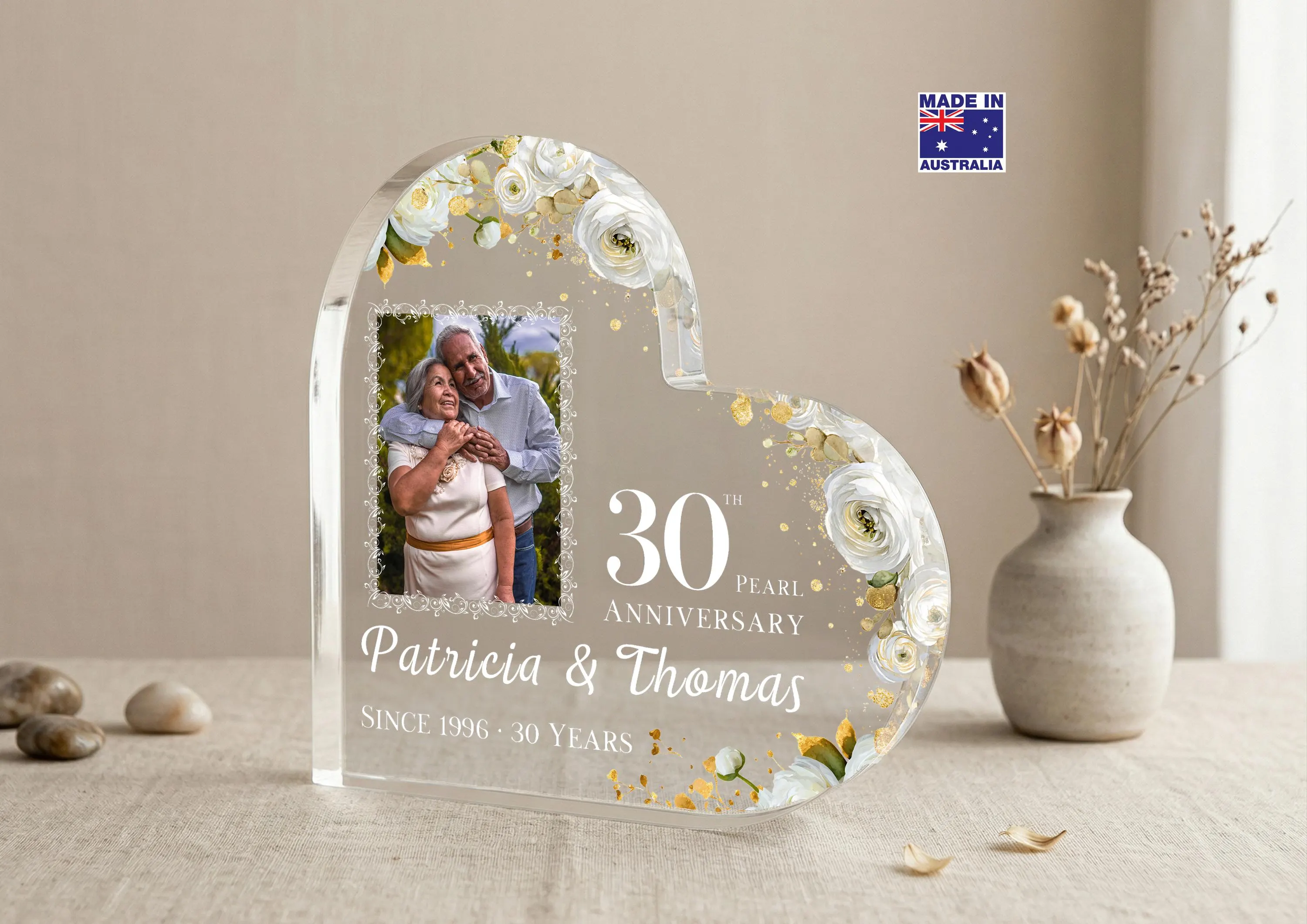 Personalised 30th Pearl Anniversary Keepsake Gift, with photo, Clear Acrylic Block, Heart Shaped Freestanding Plaque