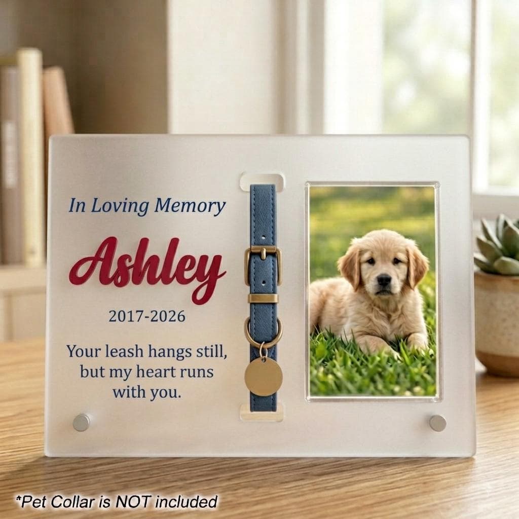 Custom Frosted Acrylic Pet Memorial Frame with Leash Holder and Stand, Personalized Dog Collar  Remembrance Gift, Pet Cat Loss Gift
