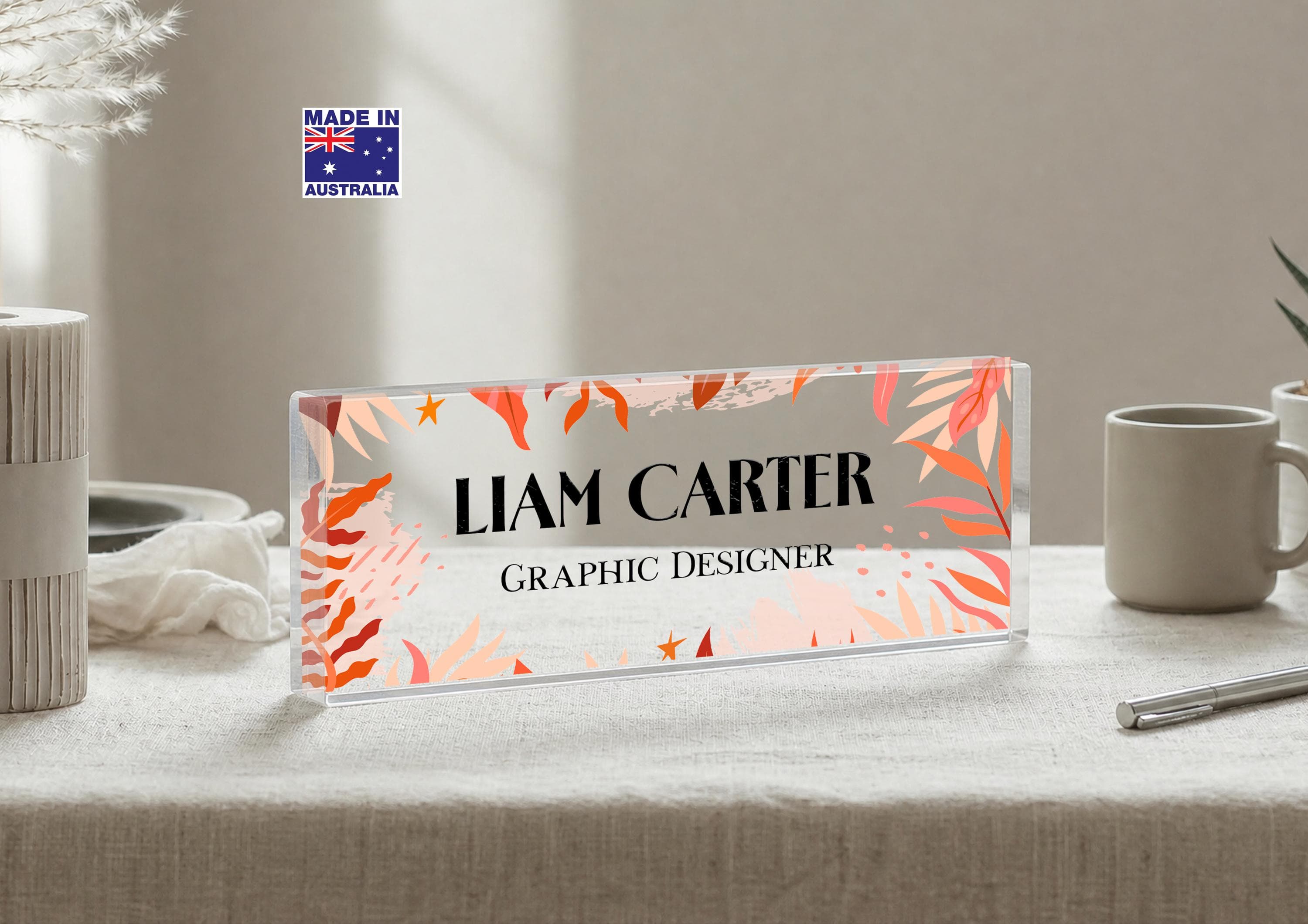 Personalized Tropical Leaves Acrylic Desk Name Plate, Custom Colorful Office Nameplate, Modern Desk Sign, Coworker Gift