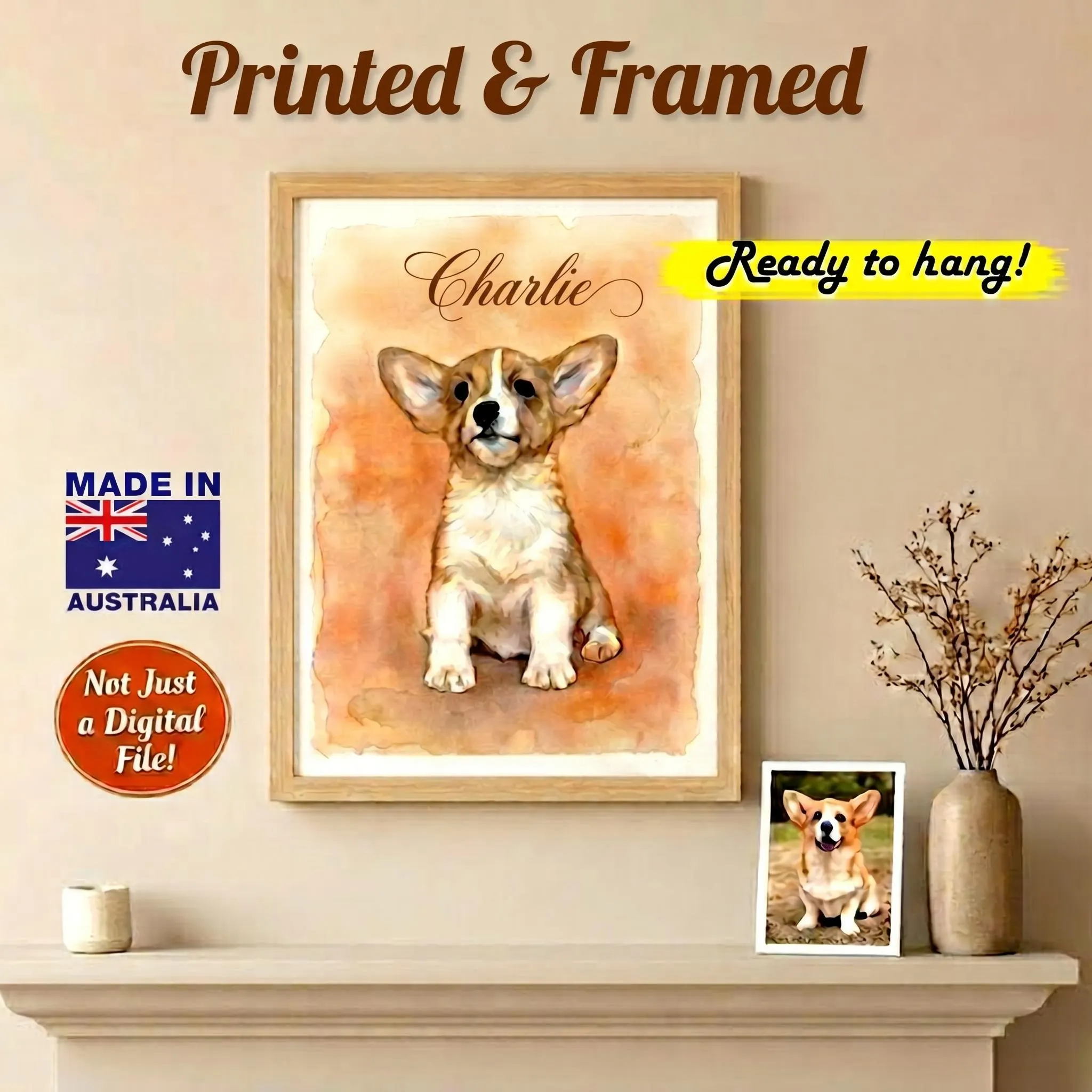 Printed + Framed Custom Watercolor Pet Portrait, Personalised Cat Dog Bird Painting from Photo, Ready to Hang, Wall Art Gift, AU Made
