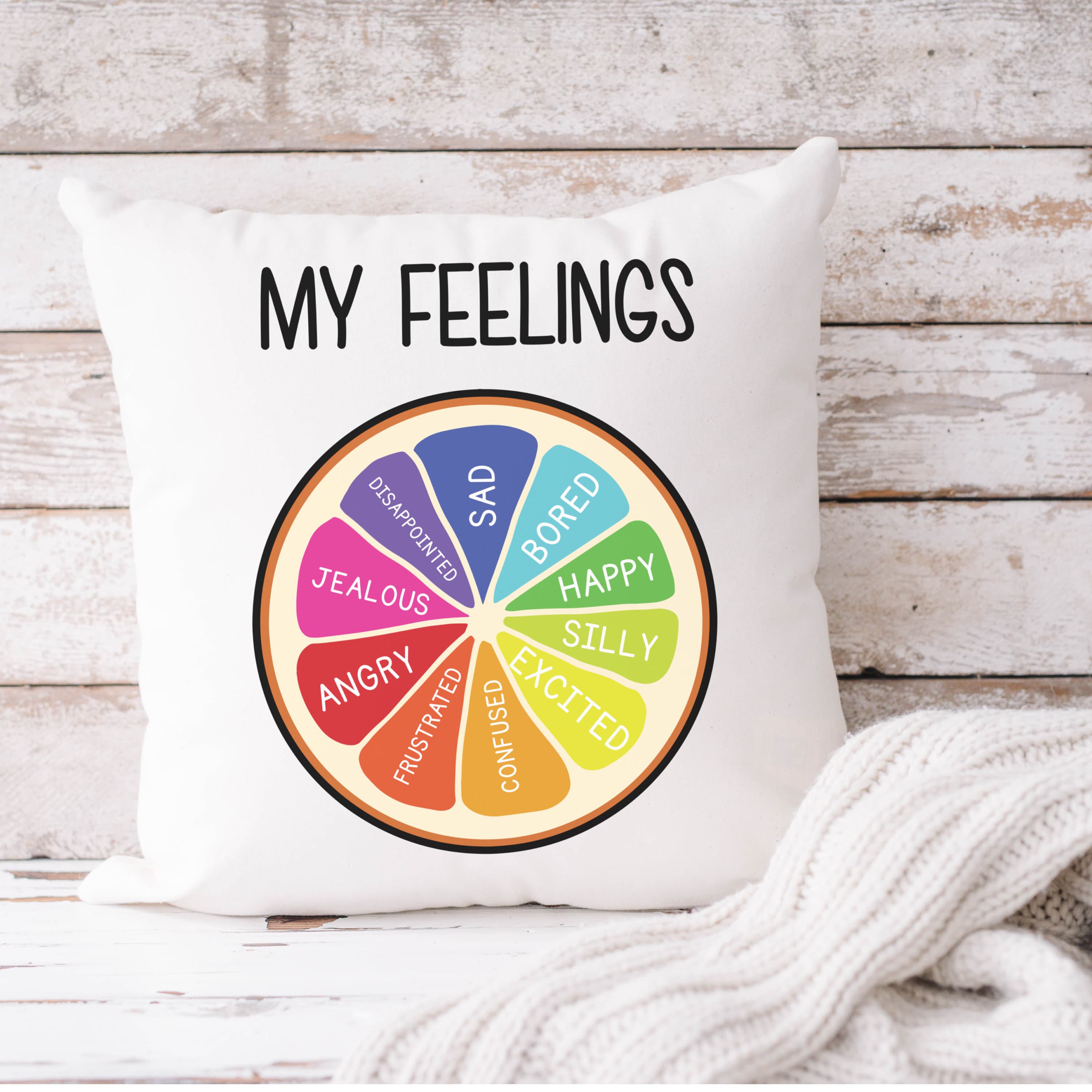 Feelings Chart Pillow, Kids Emotions wheel pillow, My feelings pillow, therapy office decor, psychologist office, feelings wheel pillow,