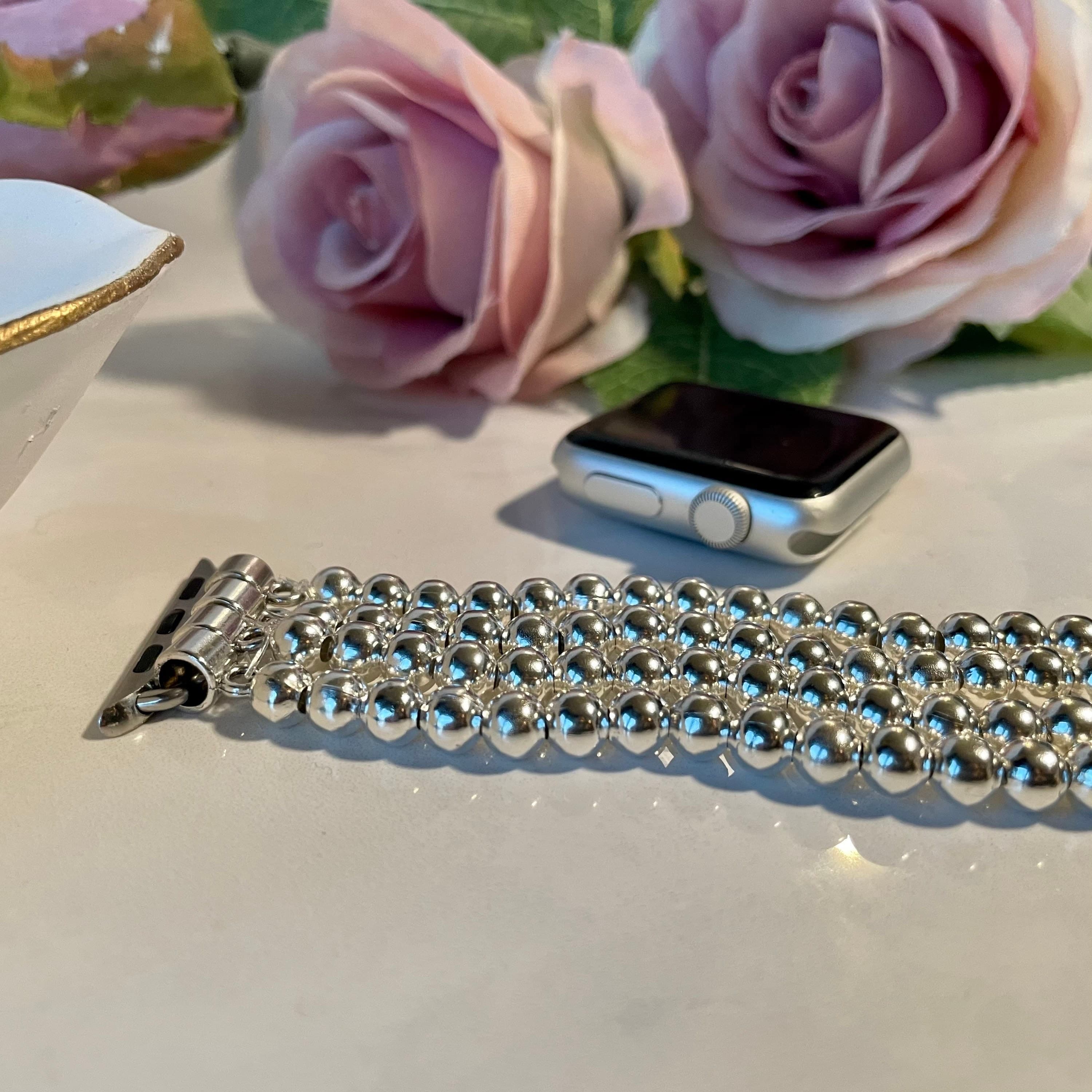 Shiny Silver Beaded apple band, silver Apple Watch Band | Beaded Watch Band | Fancy Dressy Apple iWatch Band, Apple bracelet band, - image 5