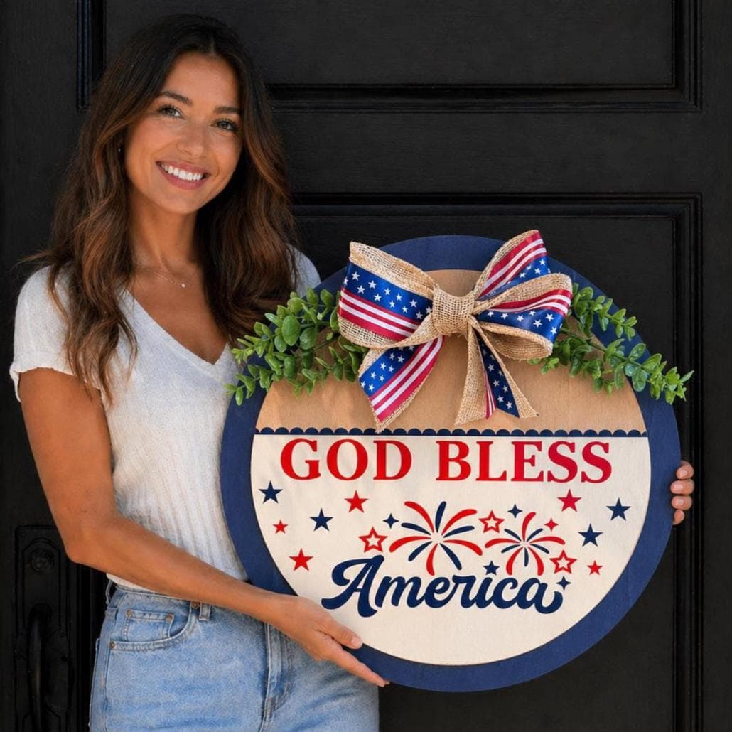 Fourth of July Front Door Decor, Fourth of July Wreath,  God Bless America, Fourth of July Door Hanger