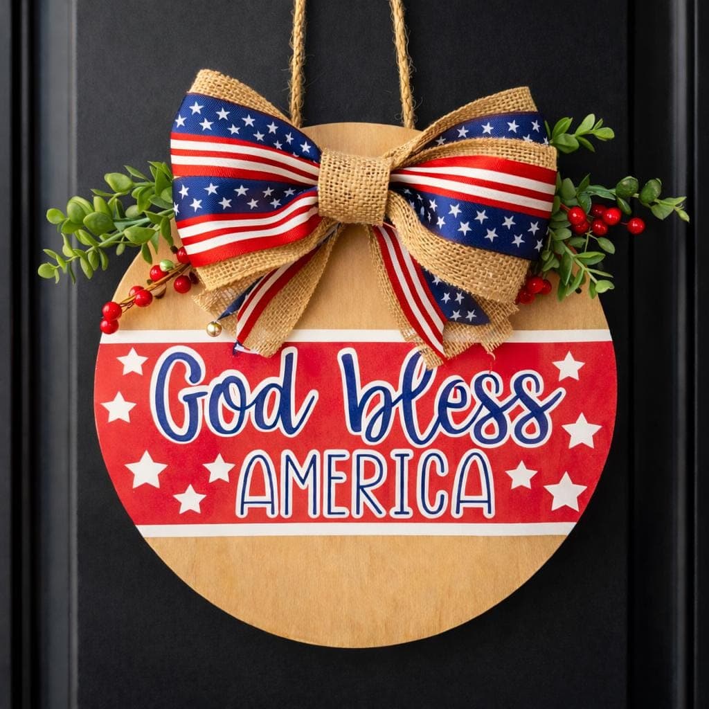Fourth of July Front Door Decor, Patriotic Door Sign,  4th of July wreath hanger, God Bless America Summer Porch Sign, Memorial Day Wreath