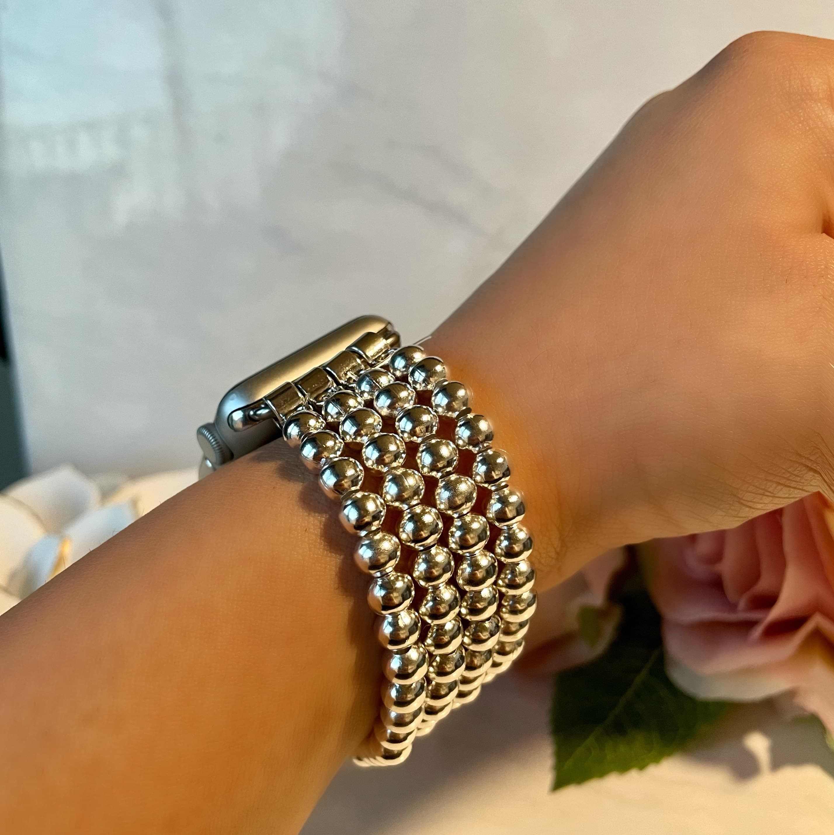 Shiny Silver Beaded apple band, silver Apple Watch Band | Beaded Watch Band | Fancy Dressy Apple iWatch Band, Apple bracelet band, - image 3