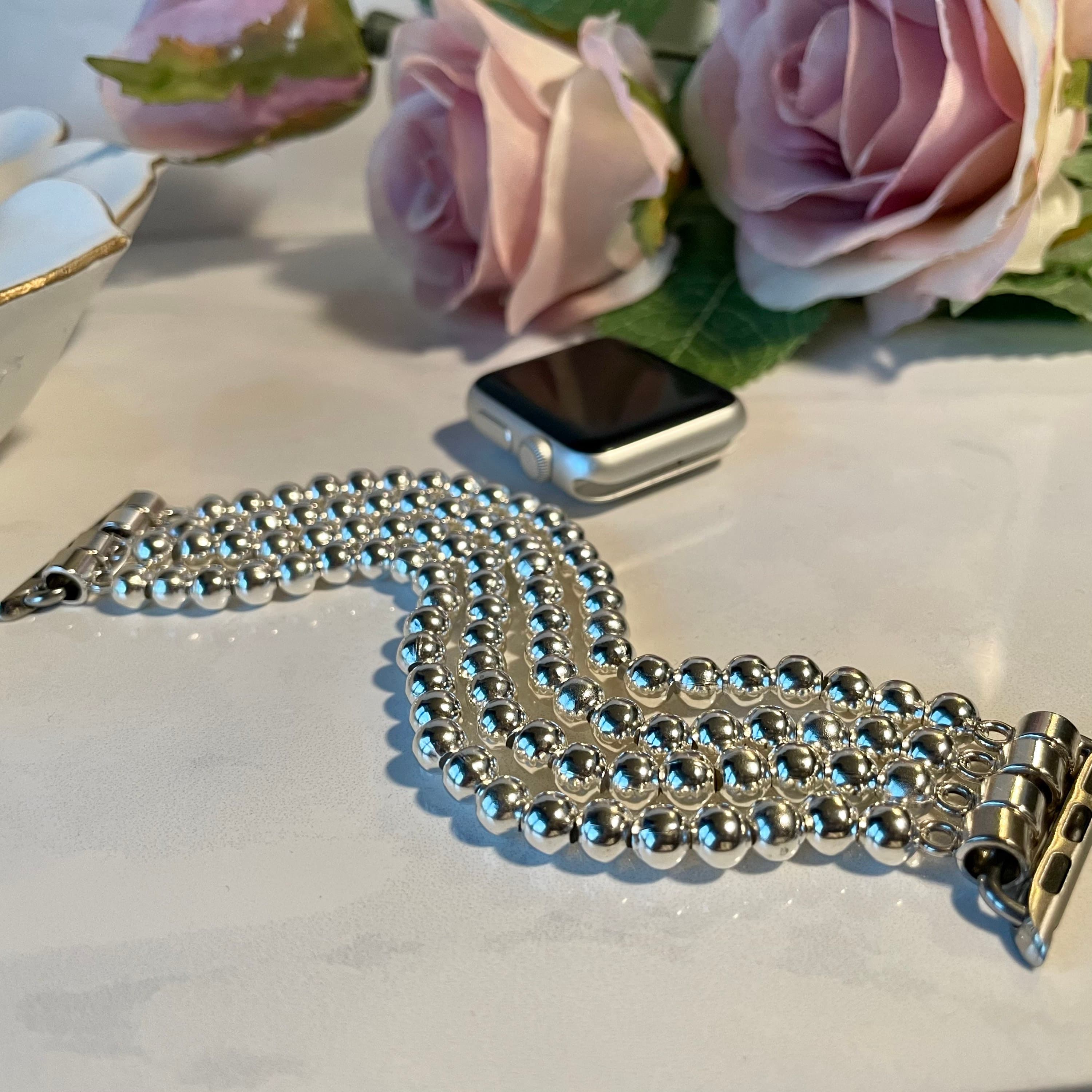 Shiny Silver Beaded apple band, silver Apple Watch Band | Beaded Watch Band | Fancy Dressy Apple iWatch Band, Apple bracelet band,