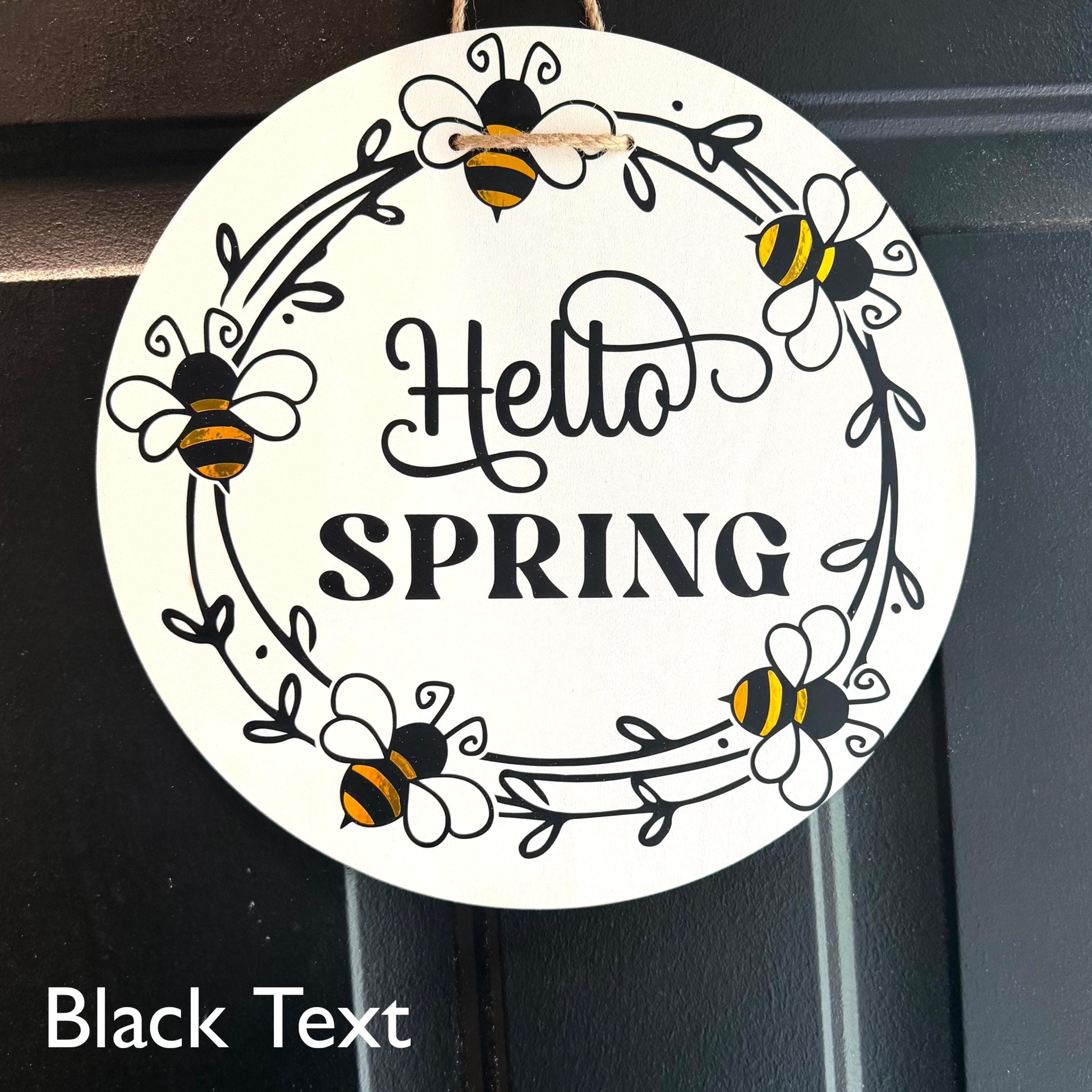 Hello Spring Front Door Sign | Wooden Spring Welcome Sign with Bees | Front Porch Hanger