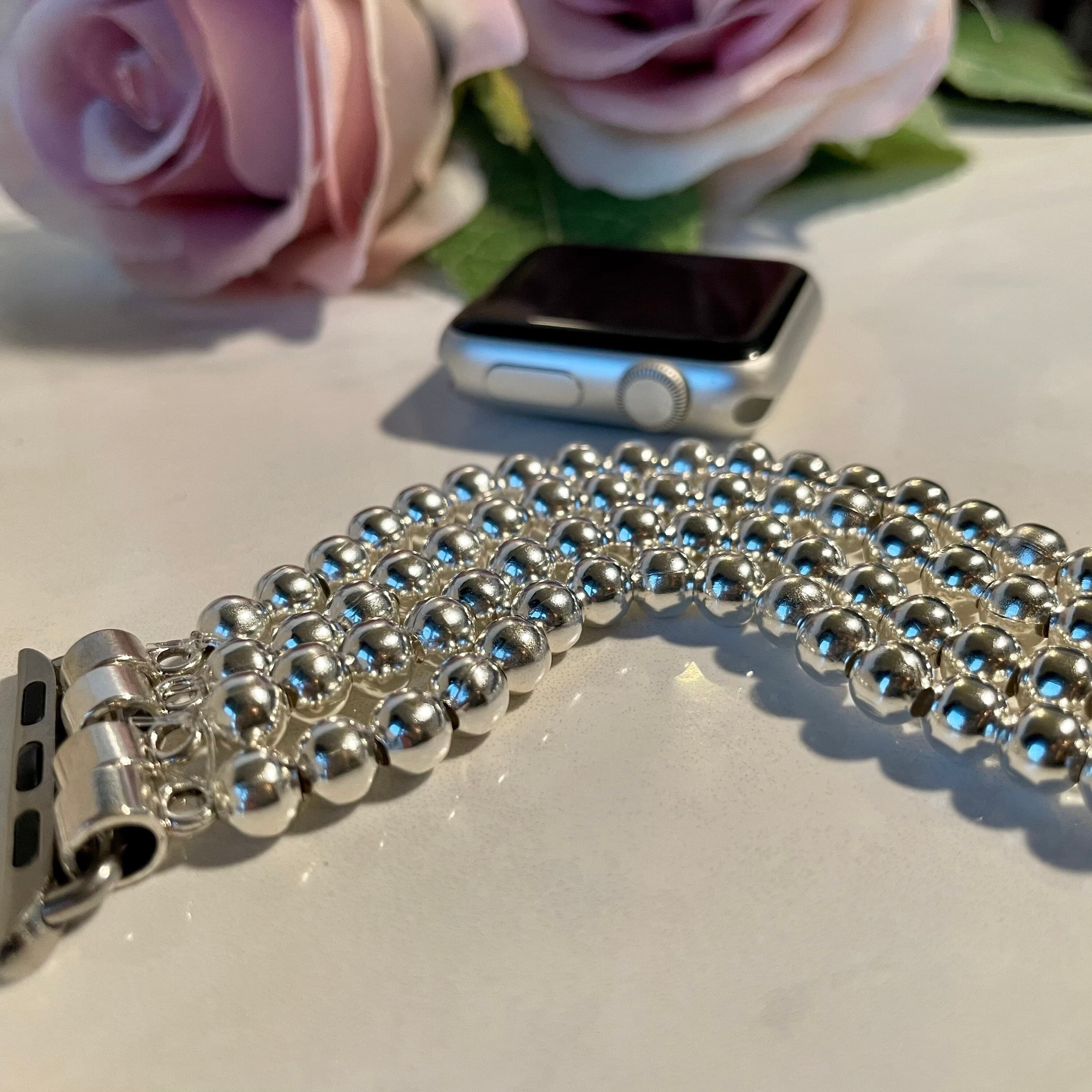 Shiny Silver Beaded apple band, silver Apple Watch Band | Beaded Watch Band | Fancy Dressy Apple iWatch Band, Apple bracelet band, - image 4