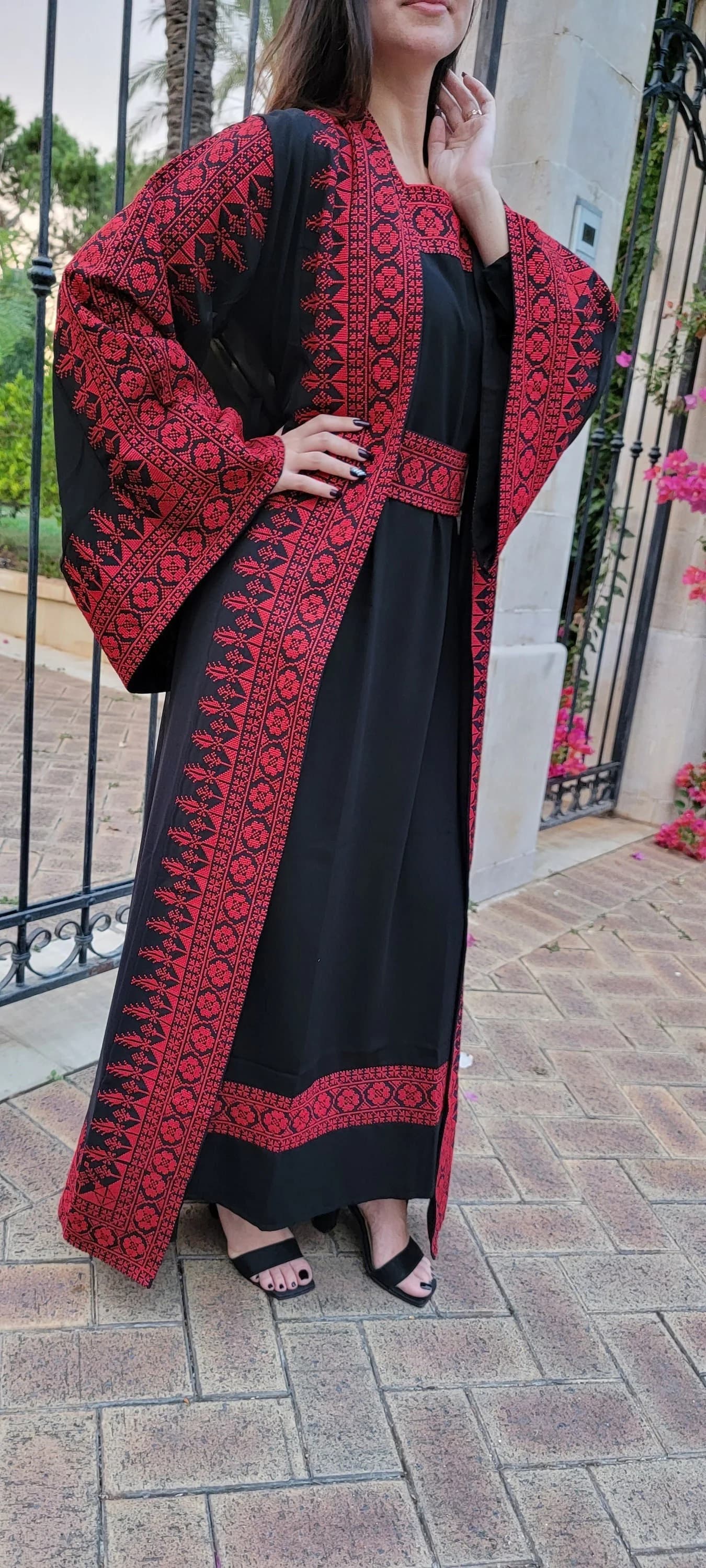 Palestinian Embroidery LONG Dress & Cape (set of 3 pieces)