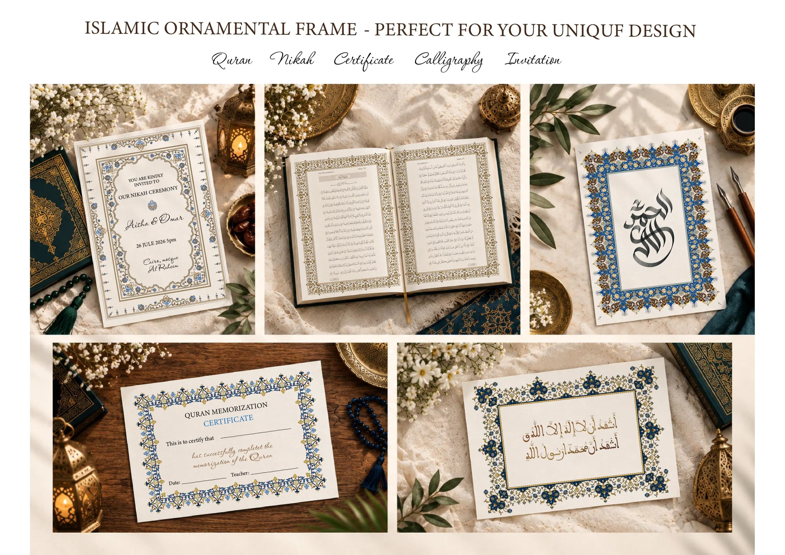 Islamic illumination. Border Tazhib. Traditional isalmic pattern.  Arabic wall decor. Persian oriental ornament. Digital frame print.
