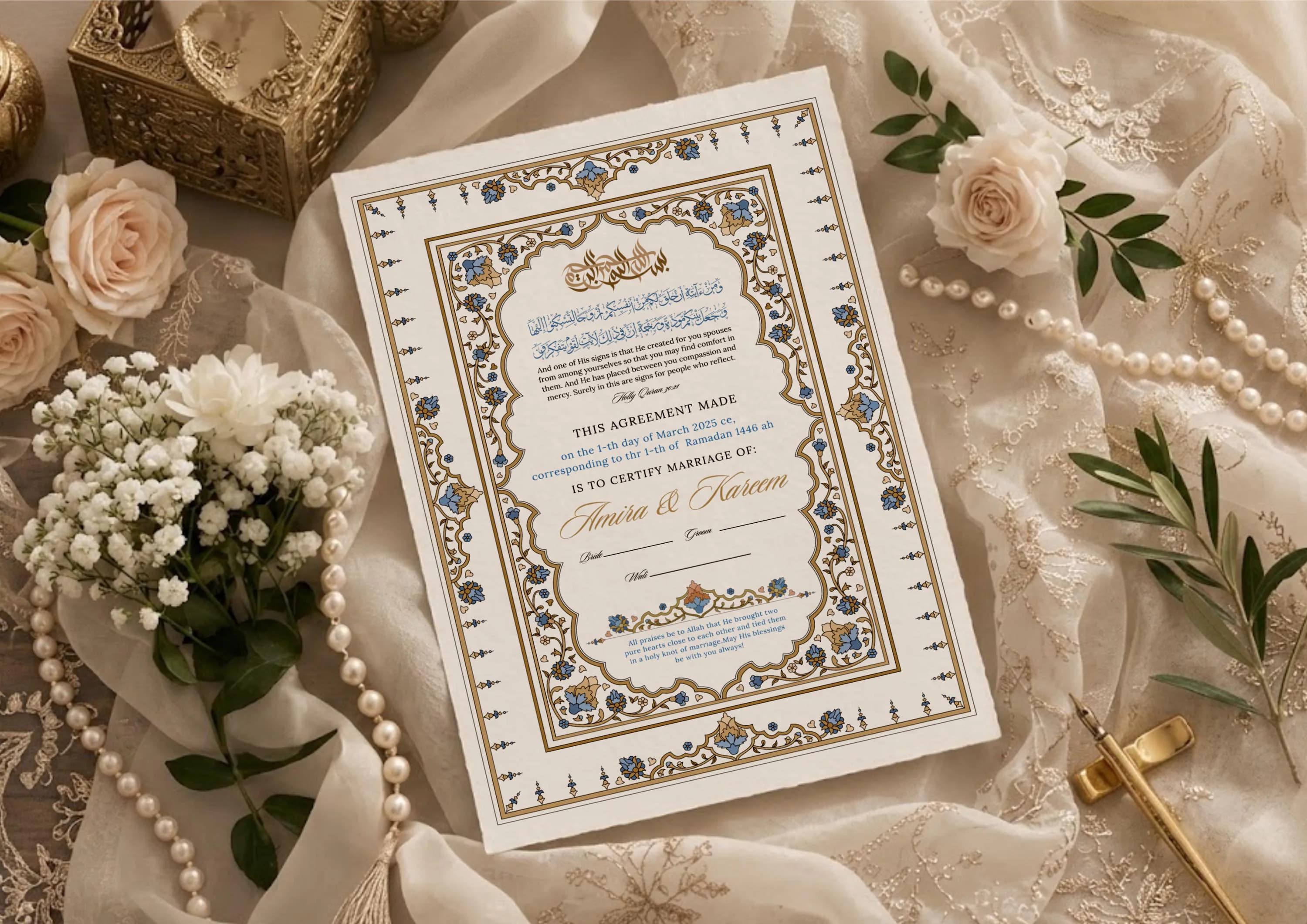 Islamic Nikkah nama certificate. Luxury Halal wedding card. Editable in Canva. Muslim marriage contract. DIY Islamic Nikah. Digital download