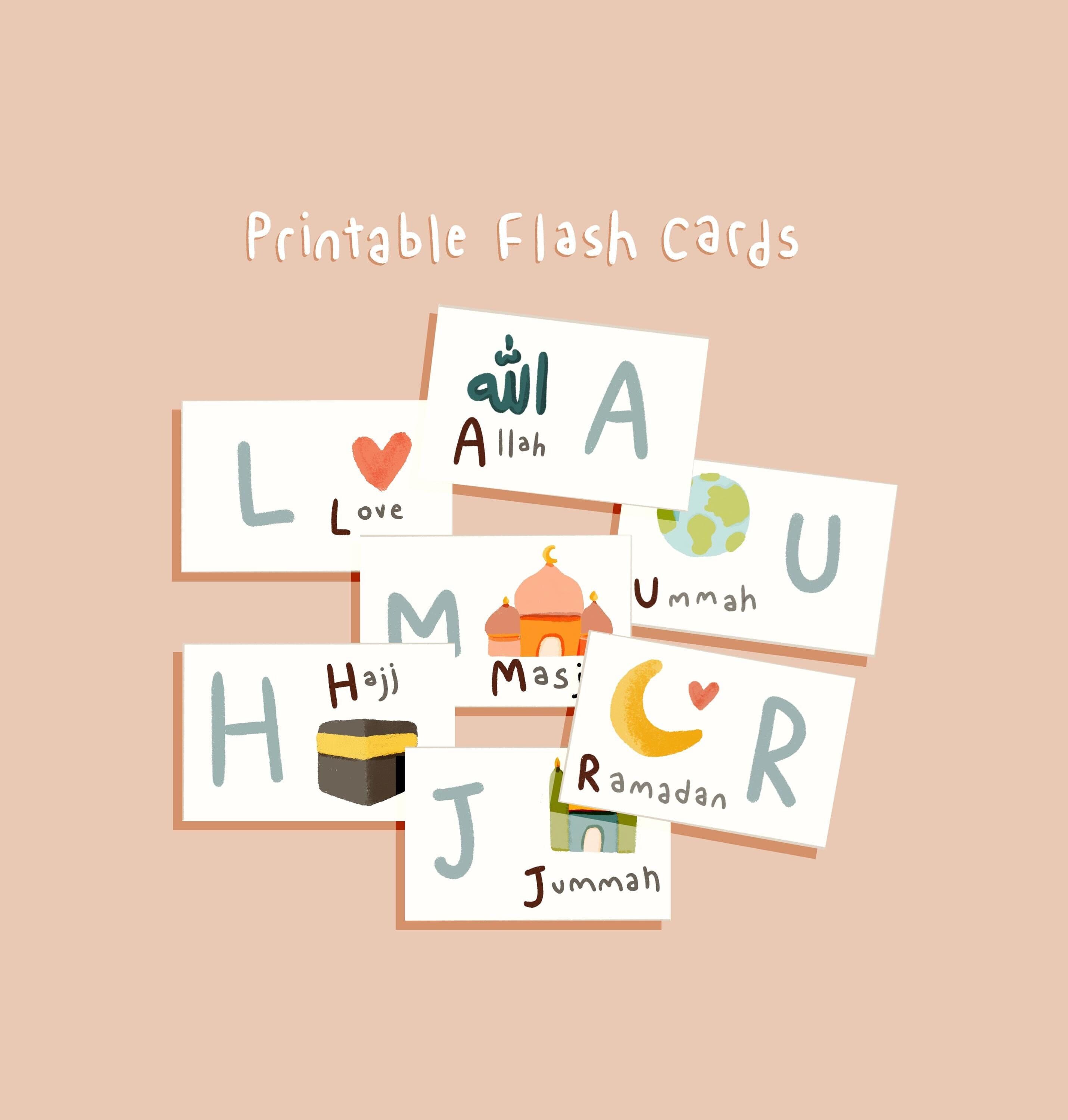 Islamic Alphabet Flash Cards: Muslim Kids Learning (Printable JPEG)