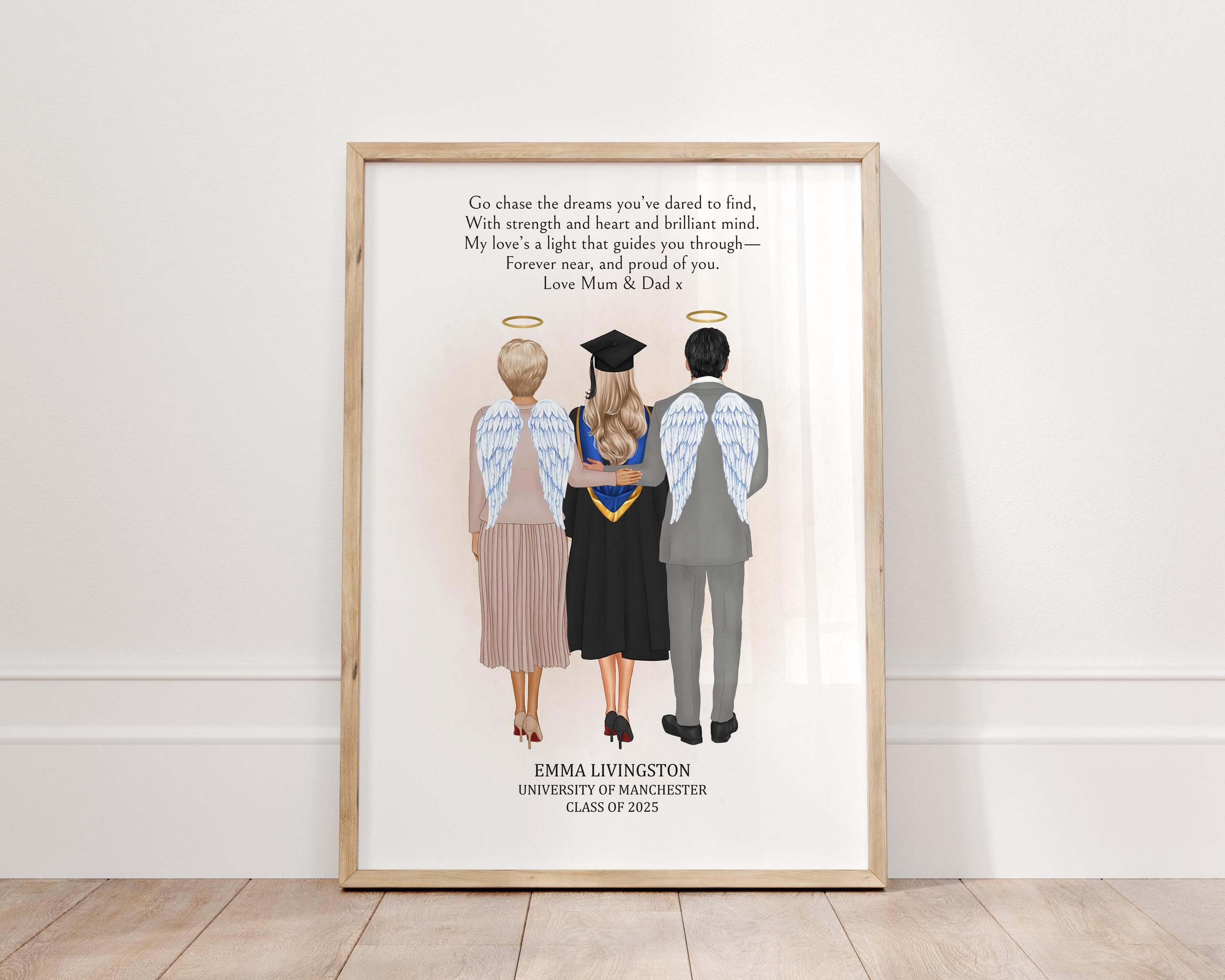 Personalised Graduation Gift with Angel Mum and Dad | Memorial Keepsake for Daughter | Custom Grad Portrait | Mum in Heaven Graduation Print