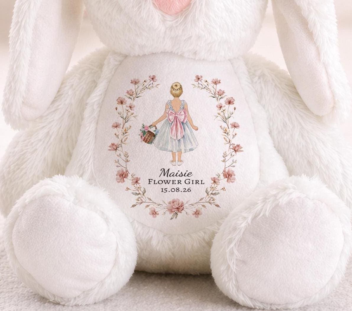 Flower girl proposal bunny plush toy with custom character design