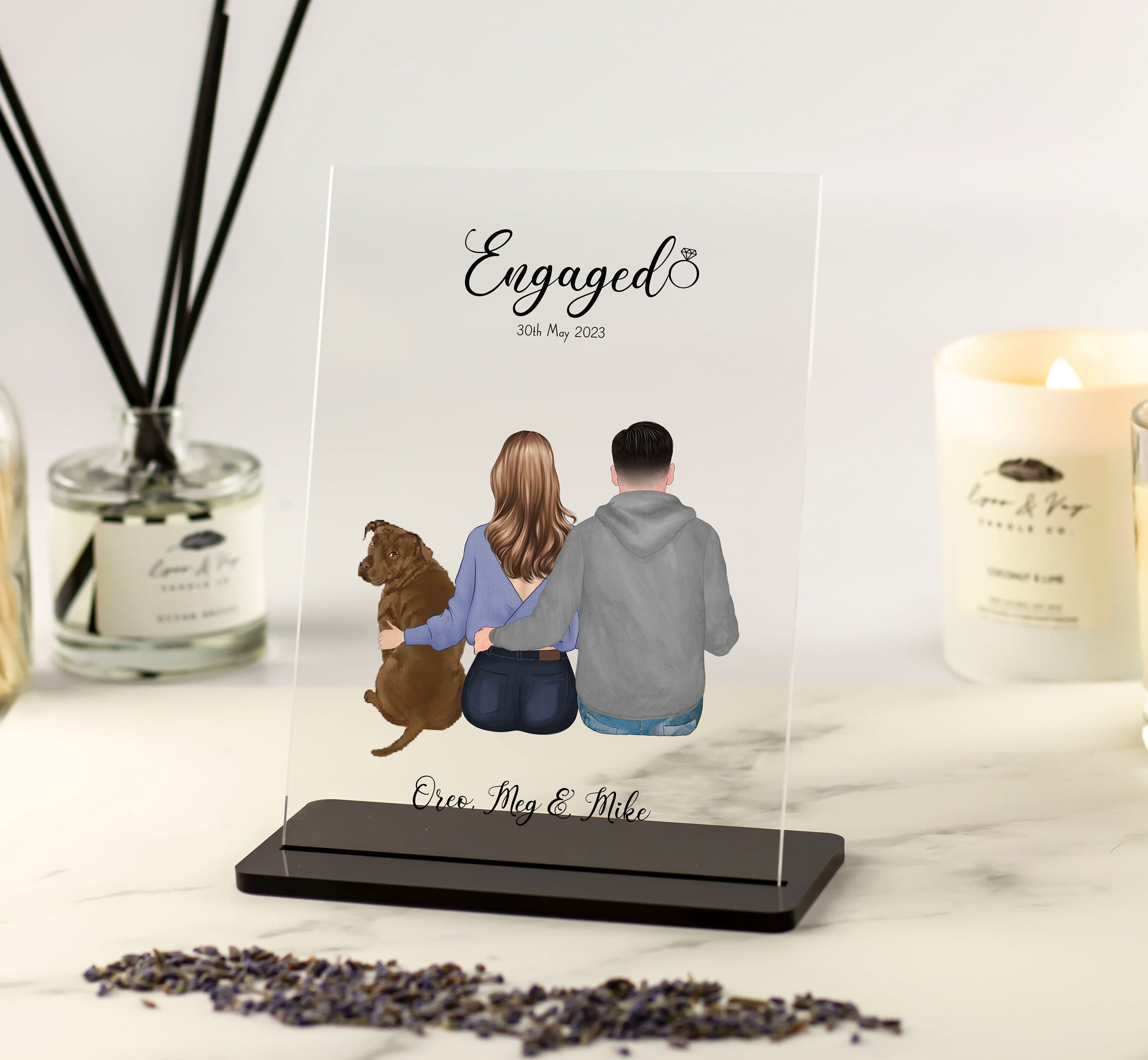 Engagement Personalised Gift, Engagement Couple and Pet Print, Engaged Present, Couples gift, bride to be gift Custom Print Acrylic Plaque