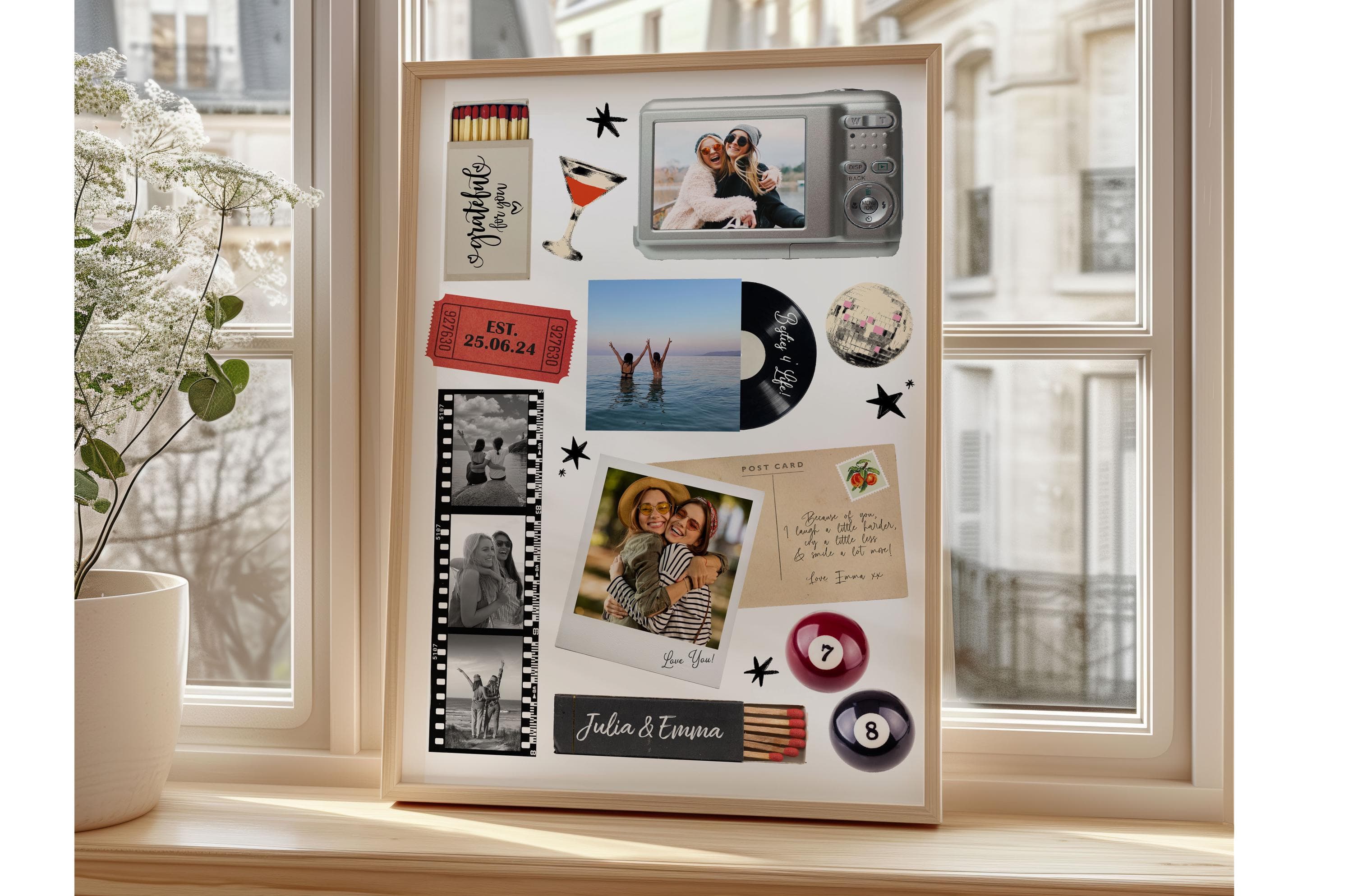 Custom matchbox collage print showing personalisation options: special dates, six pictures, custom wording and names.