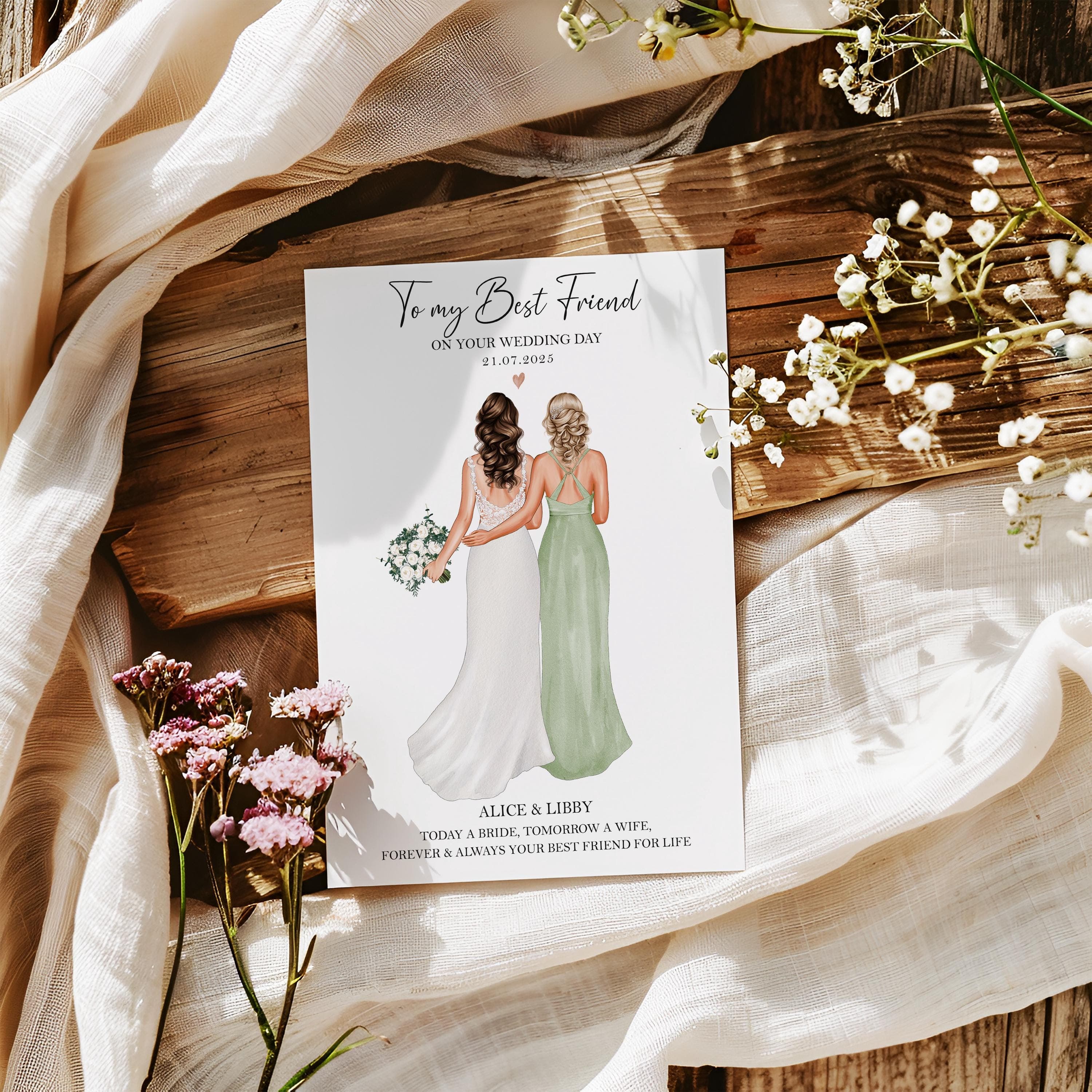 Gift for Best Friend on Her Wedding Day, Personalised Bride and Bridesmaid Wedding Print, Mid of Honour, Bride to Be Keepsake, Bridal Party
