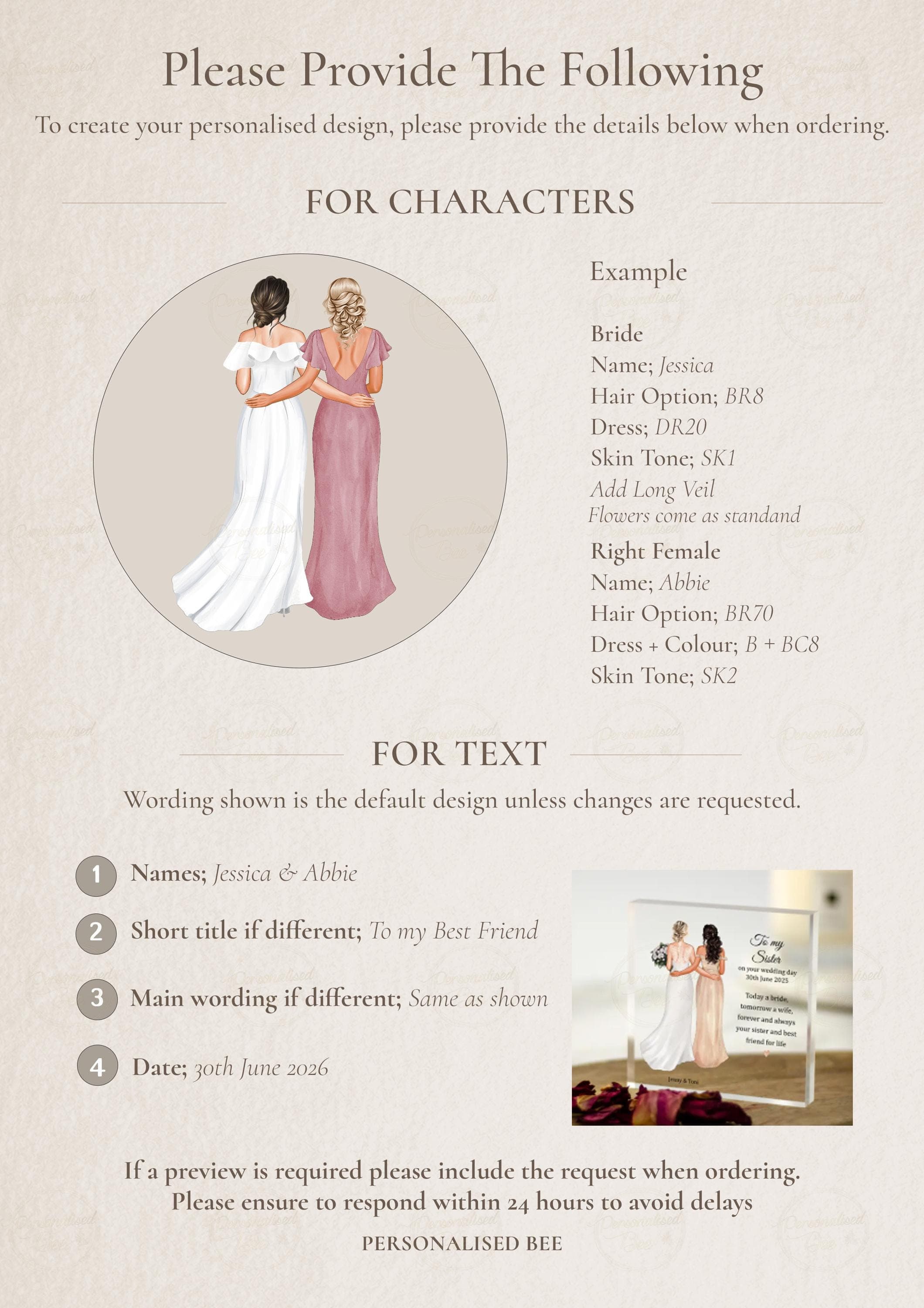 To My Sister on her Wedding Day Gift, Personalised Bride Gifts From Sister, Maid of Honour, Bride to Be Gift, Custom Illustration Acrylic - image 4