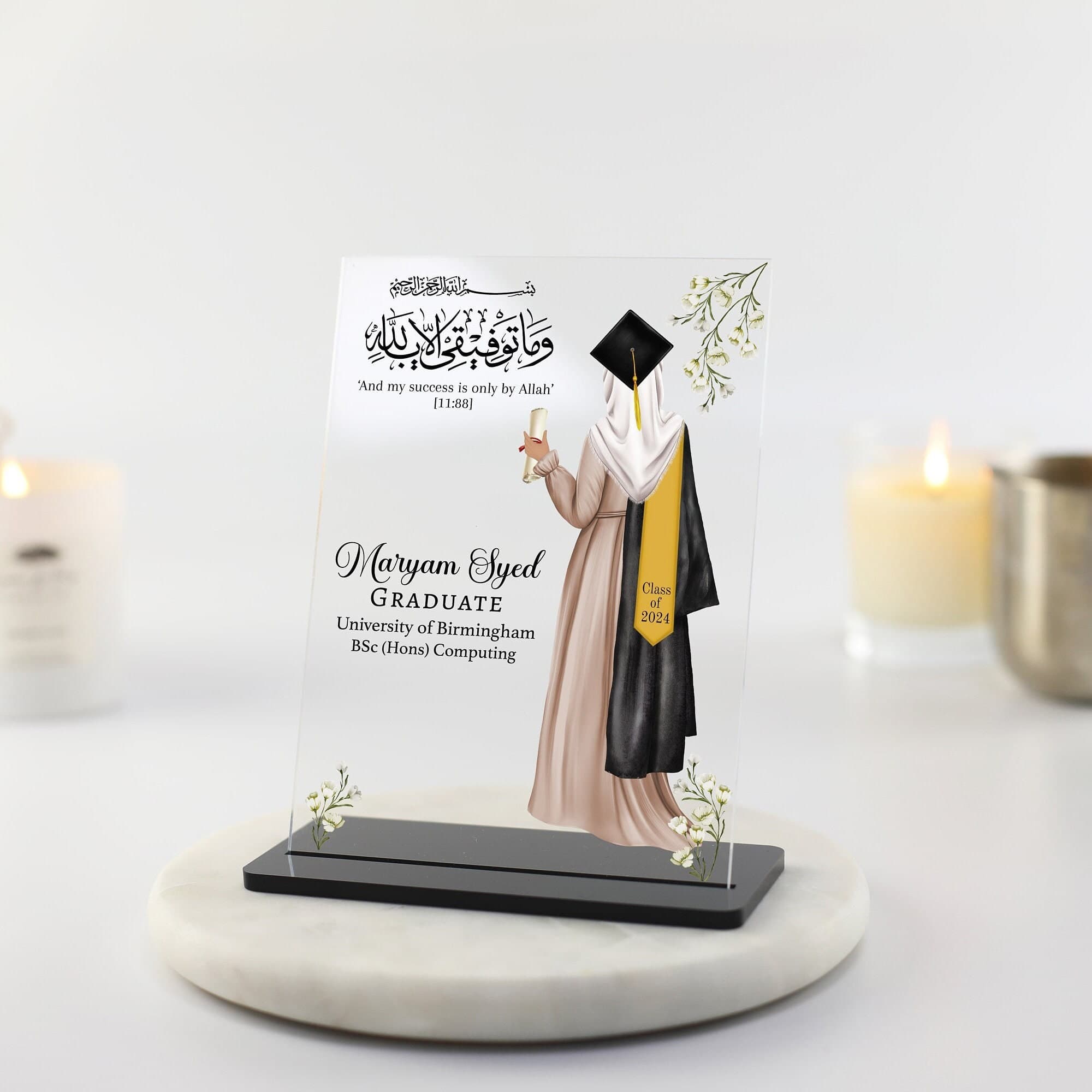 Muslim Female Graduation Gift, Personalised Graduation Gift for Her, Islamic Gift for Her, Class of Any YEAR Floral Clear Acrylic Plaque