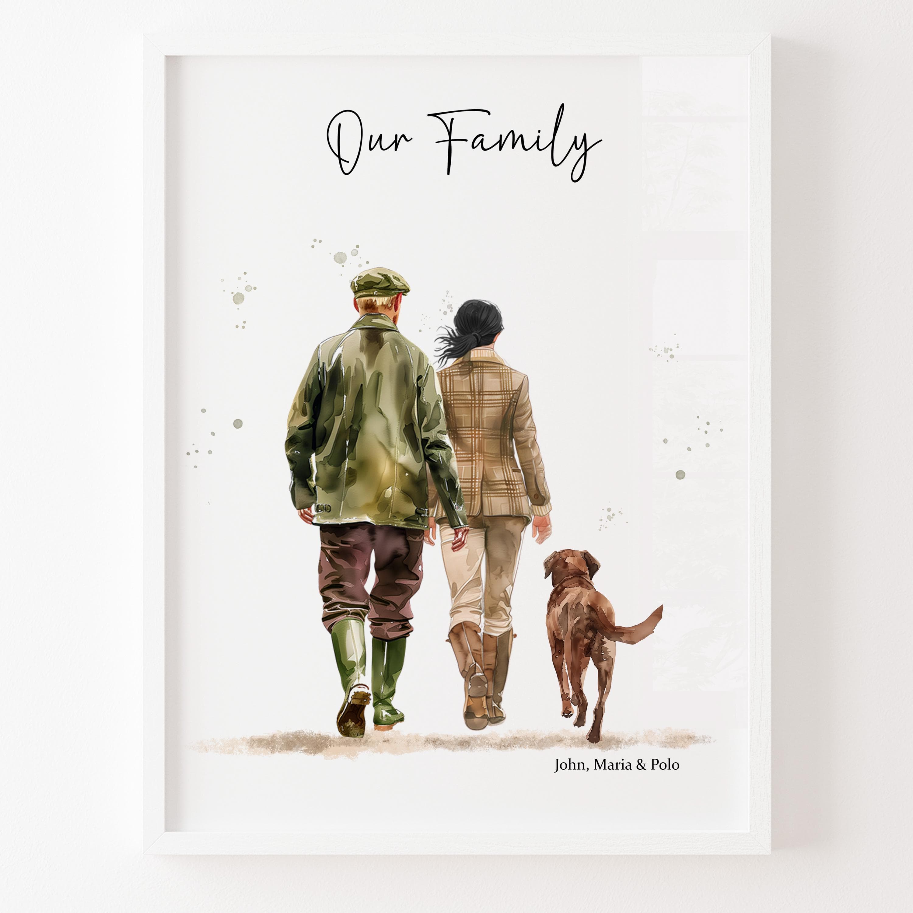 Country Walking Couple and Dog Portrait, Christmas Gifts, Gift from Dog, Personalised Wall Art, mum, Dad, Custom Couples Gifts