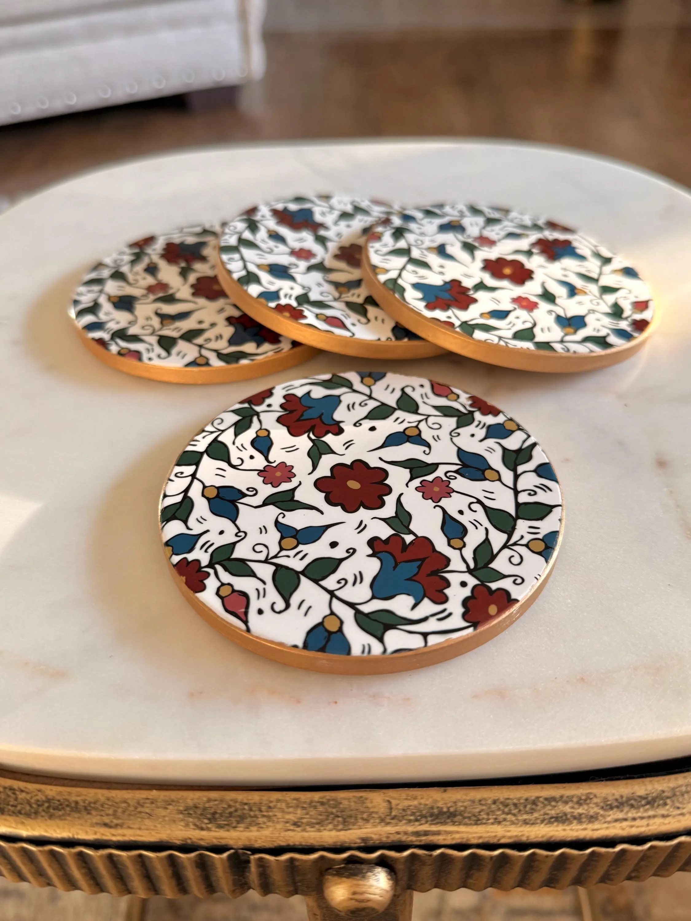Multi-colored Khalili Hebron Ceramic Coasters Set of 4 Palestinian Home Decor Hand-Drawn