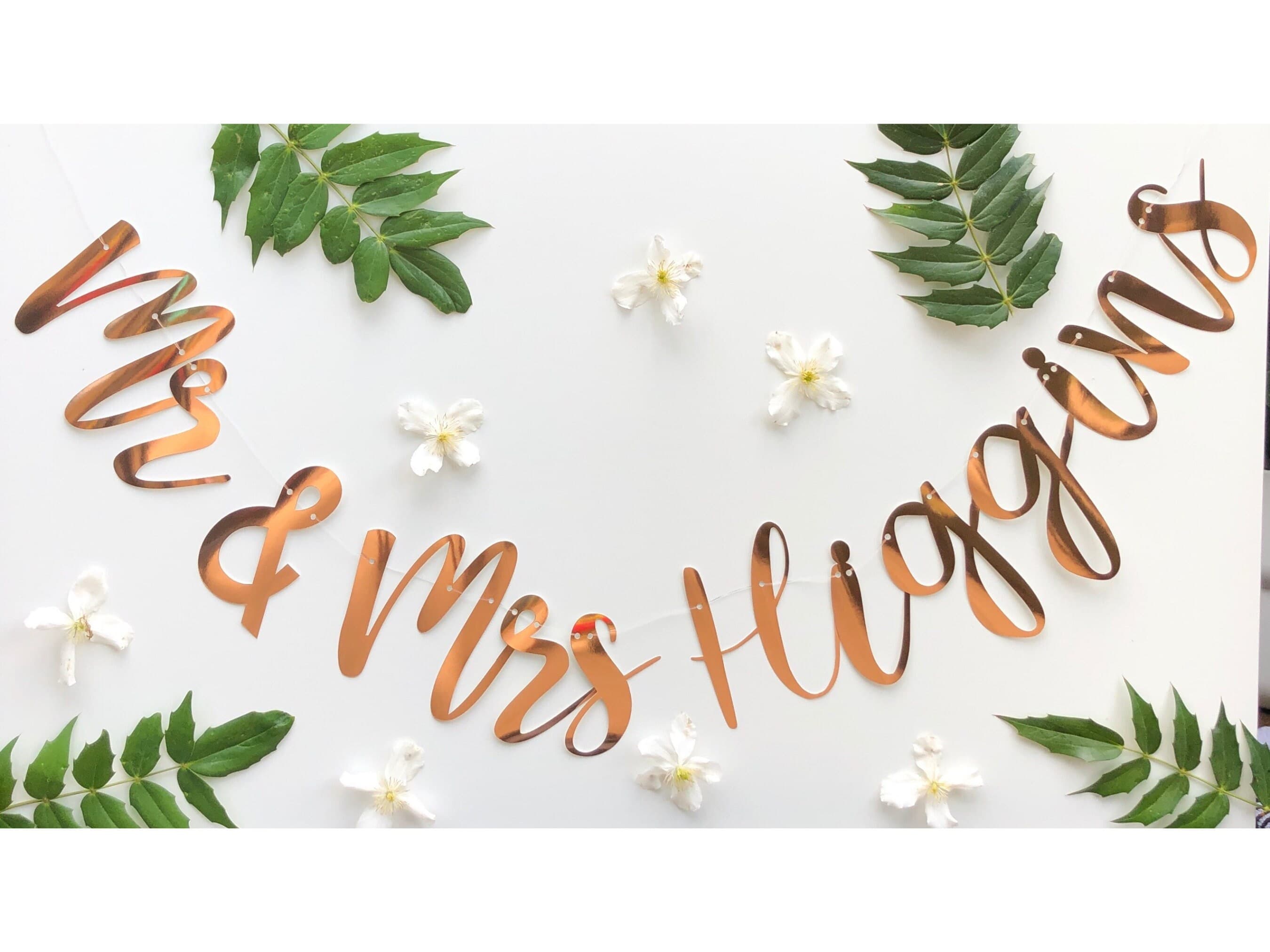 Personalized Mr & Mrs Rose Gold Wedding Banner: Metallic Card Decor