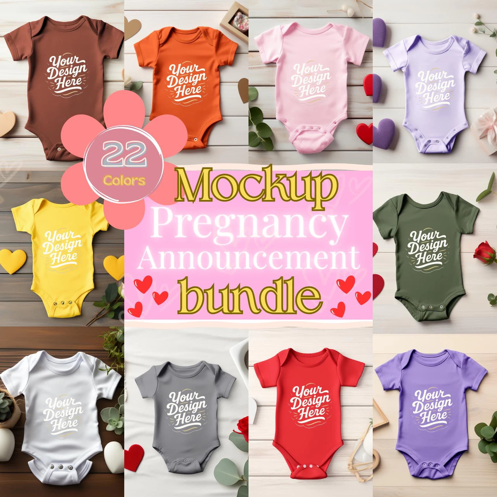 Bodysuit Flat Lay Mockup – Editable PSD Bundle of Baby Bodysuits in 22 Colors – Ideal for Birth Announcements & Baby Shower Gifts