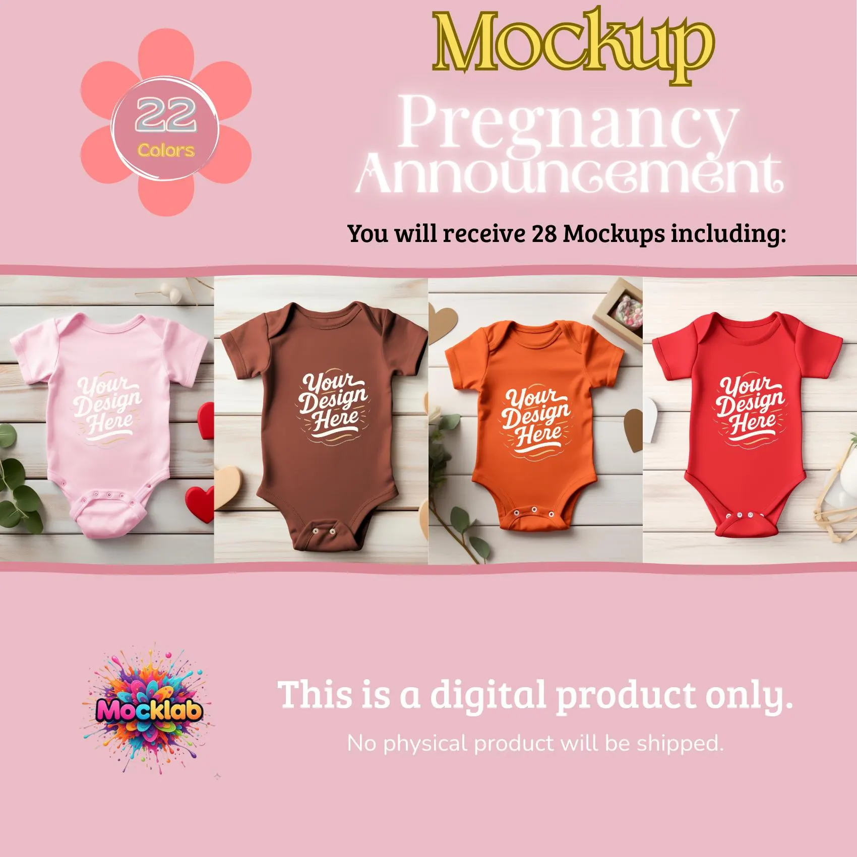 Bodysuit Flat Lay Mockup – Editable PSD Bundle of Baby Bodysuits in 22 Colors – Ideal for Birth Announcements & Baby Shower Gifts - image 3