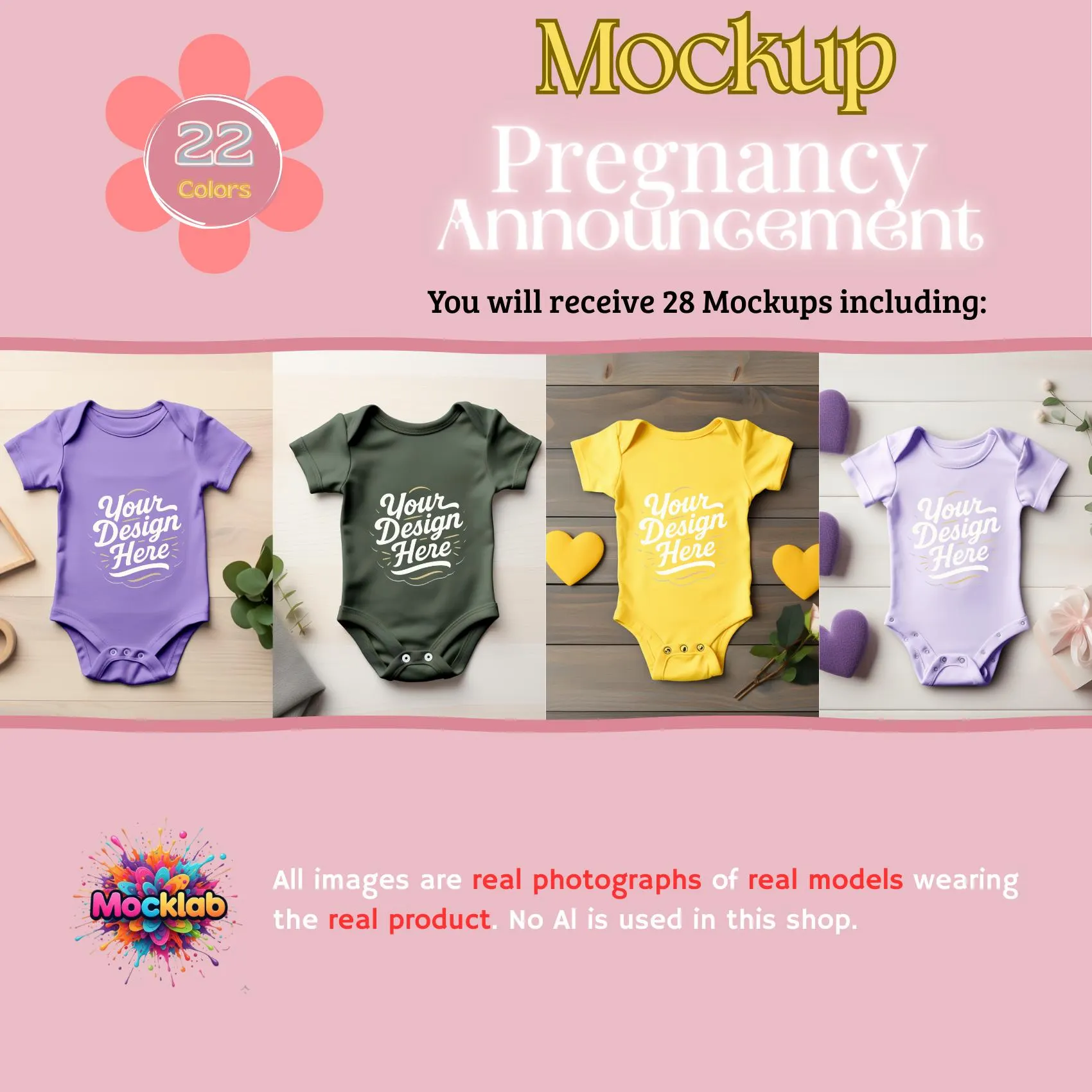 Bodysuit Flat Lay Mockup – Editable PSD Bundle of Baby Bodysuits in 22 Colors – Ideal for Birth Announcements & Baby Shower Gifts - image 2