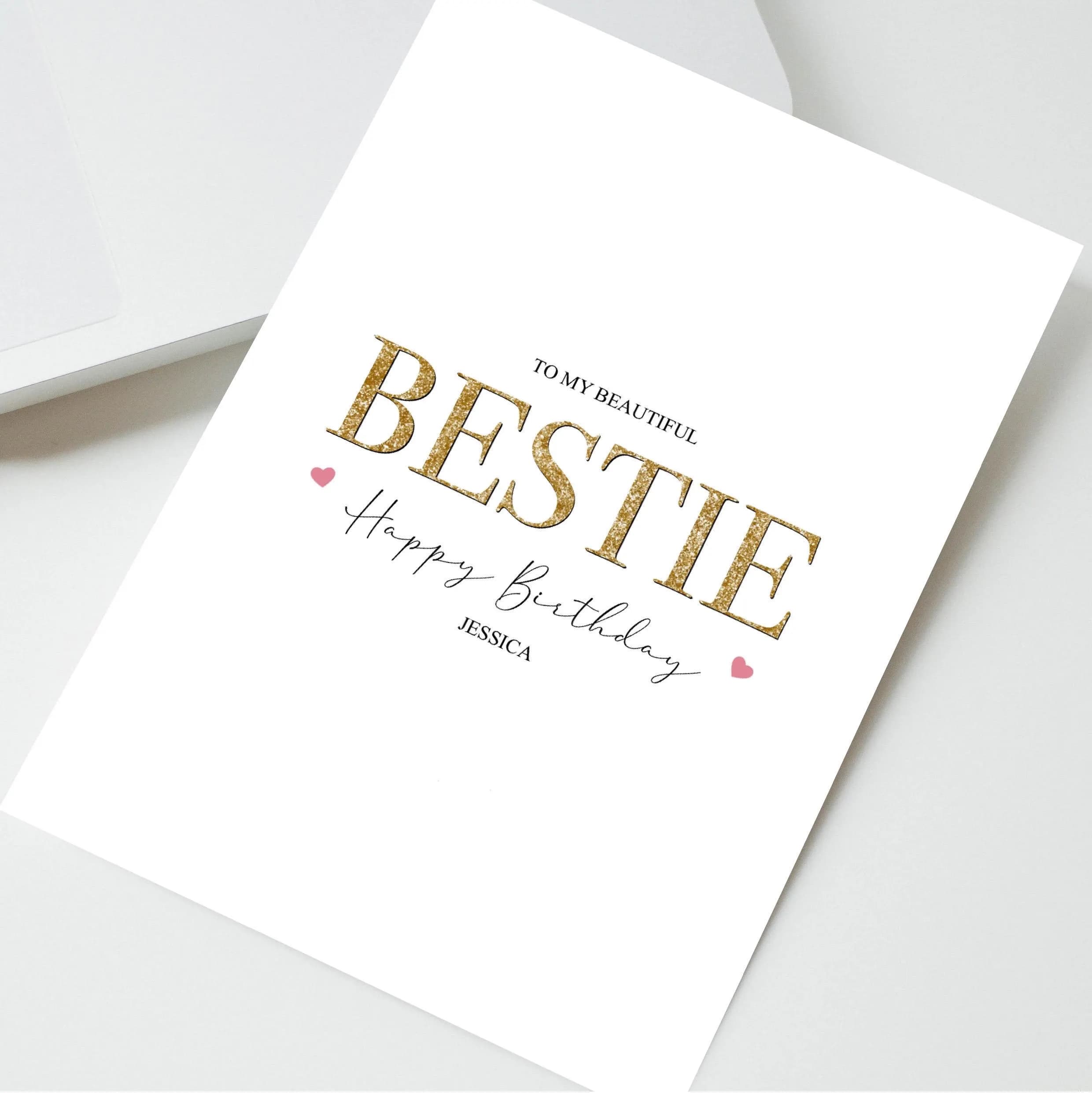 Personalised Bestie Birthday Card – Custom Name Beautiful Bestie Happy Birthday Card, Minimalist Elegant Design with Hearts and Gold Text
