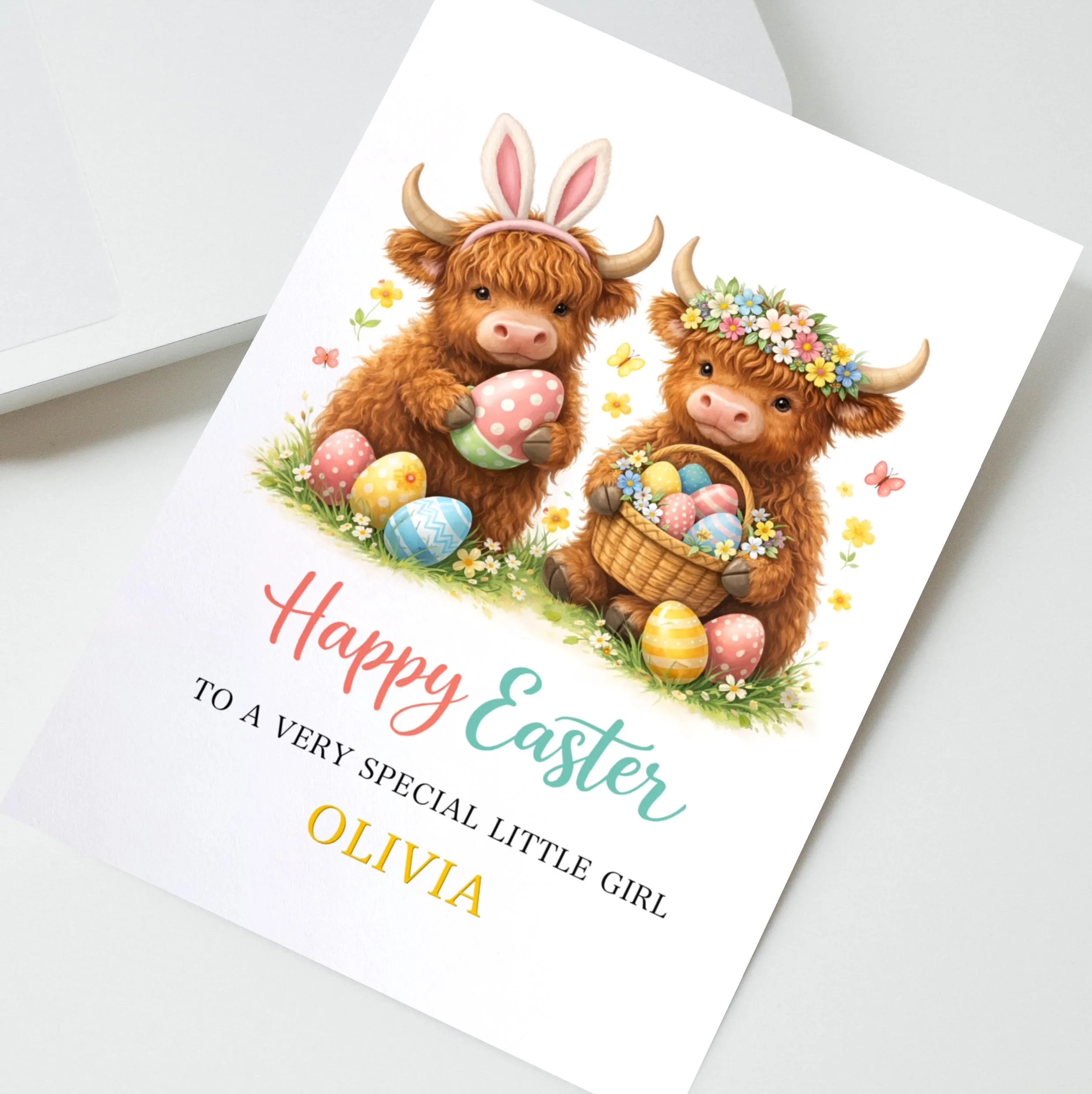 Personalised Highland Cow Easter Card, Highland Cattle, Animal Easter Card, Card for Little Girl, Easter Holiday, Easter Gift