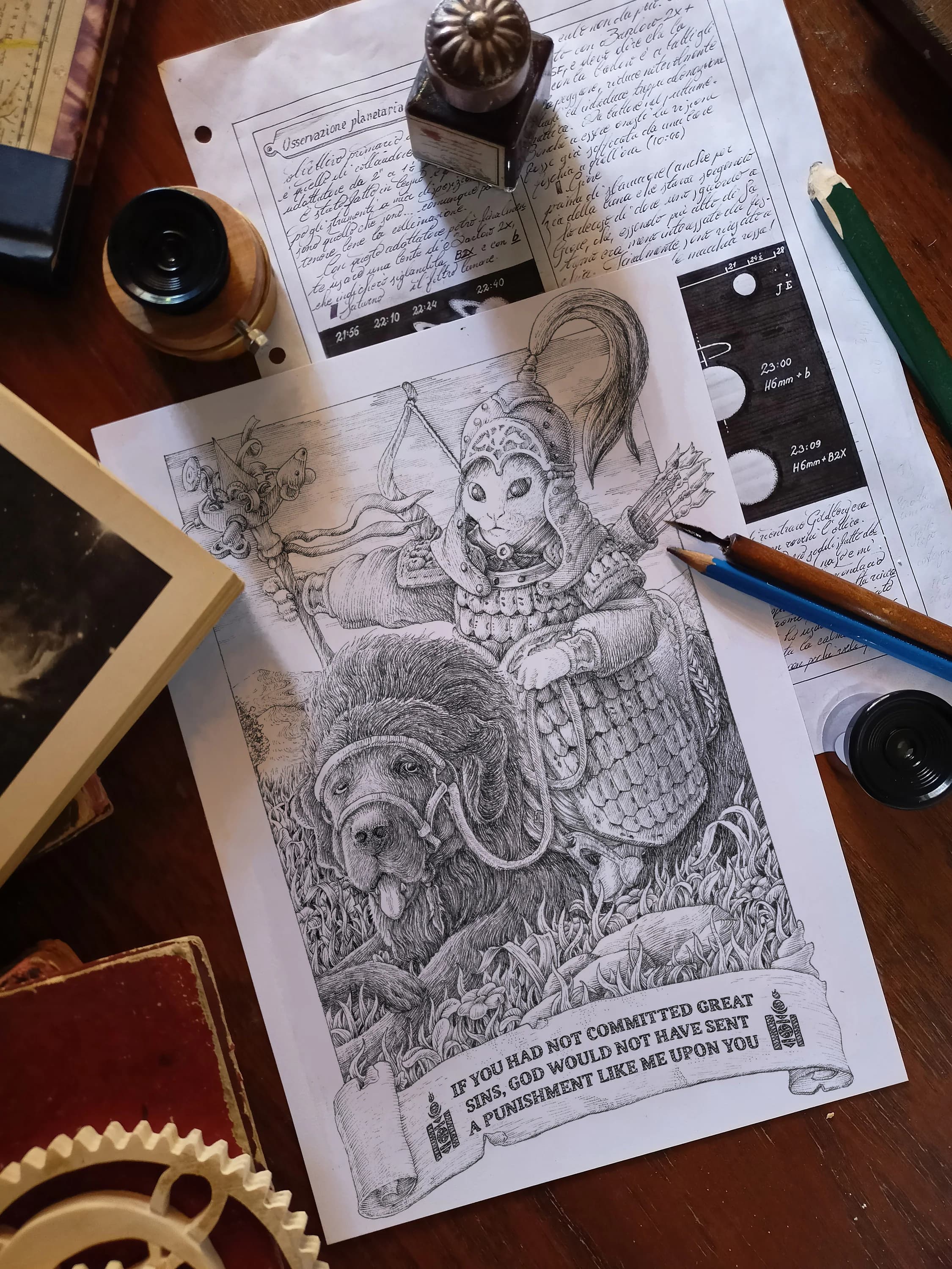 The mongol soldier - Author print, horror vacui, Poster, A4, A3, A2 Art Print, Crosshatch, Present idea.
