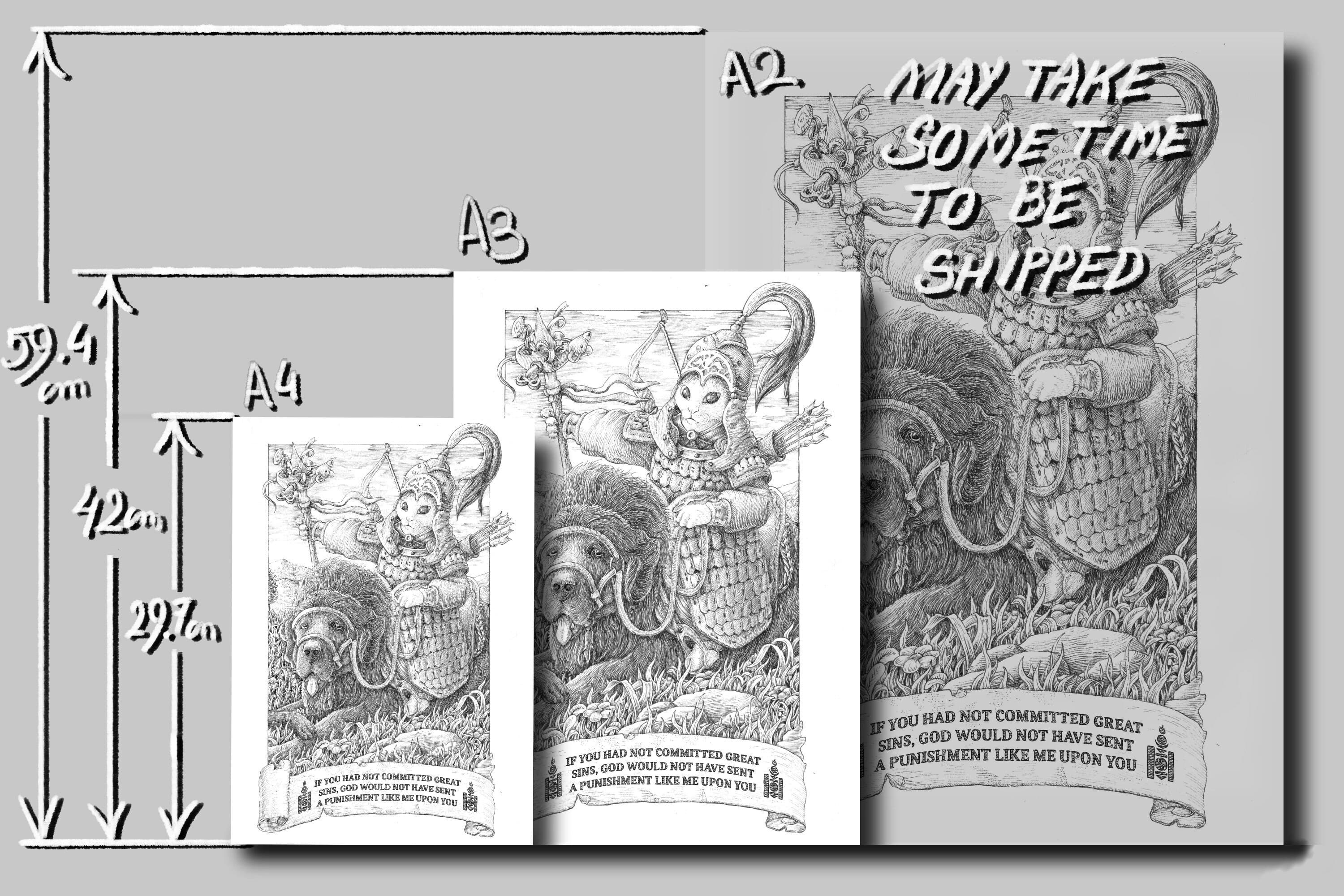 The mongol soldier - Author print, horror vacui, Poster, A4, A3, A2 Art Print, Crosshatch, Present idea. - image 5