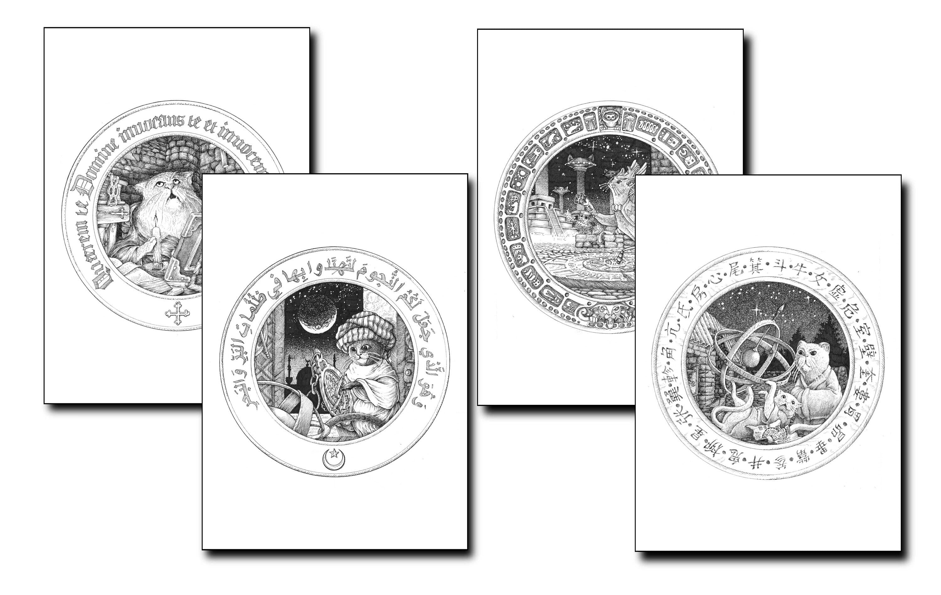 All four of my medieval cats - Author print, horror vacui, A4, A3, Art Print, Crosshatch, Present idea. - image 3
