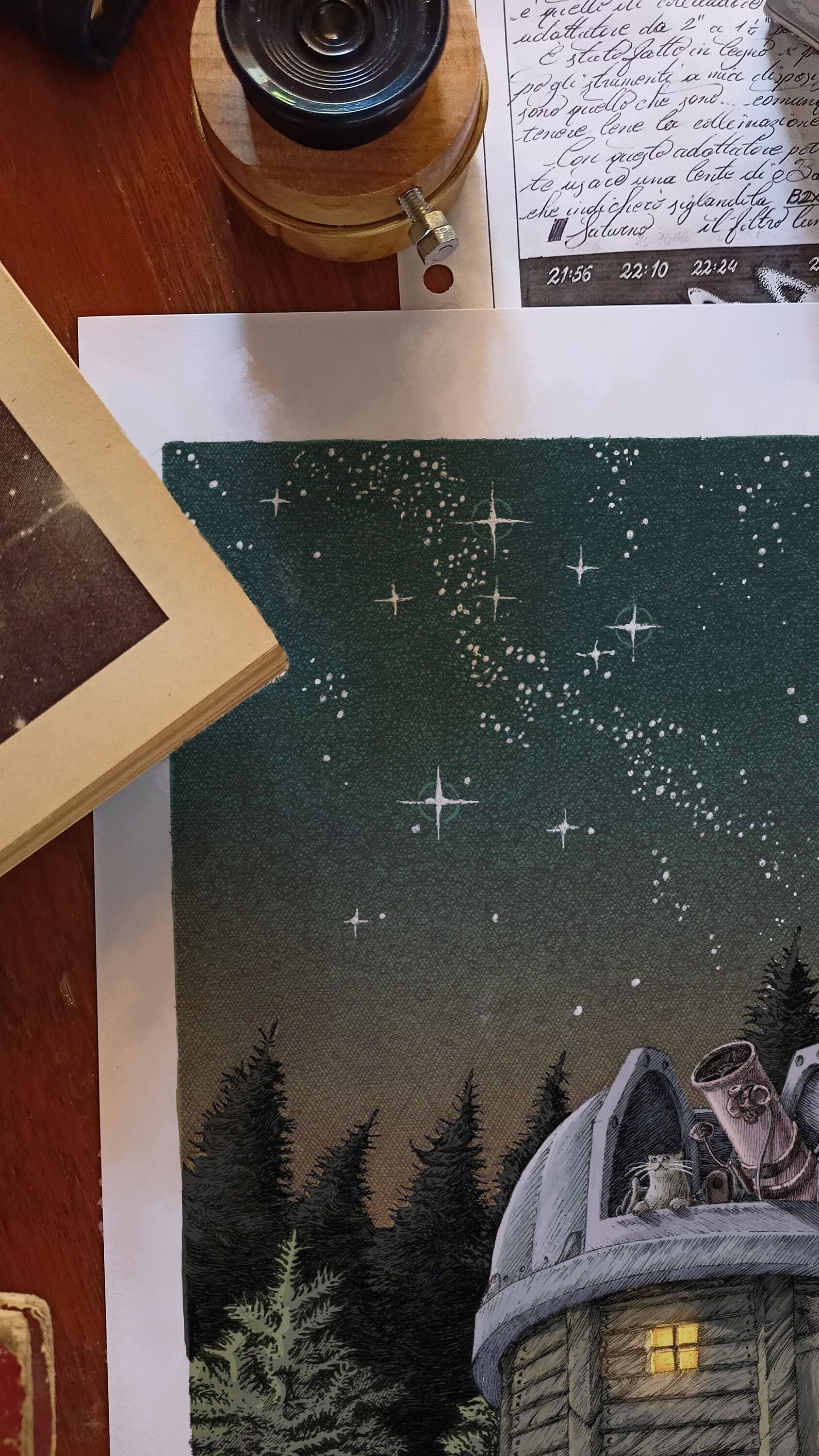 The cat in the observatory - Author print, Astronomy, Poster, A4, A3, Art Print, Crosshatch, Present idea. - image 5