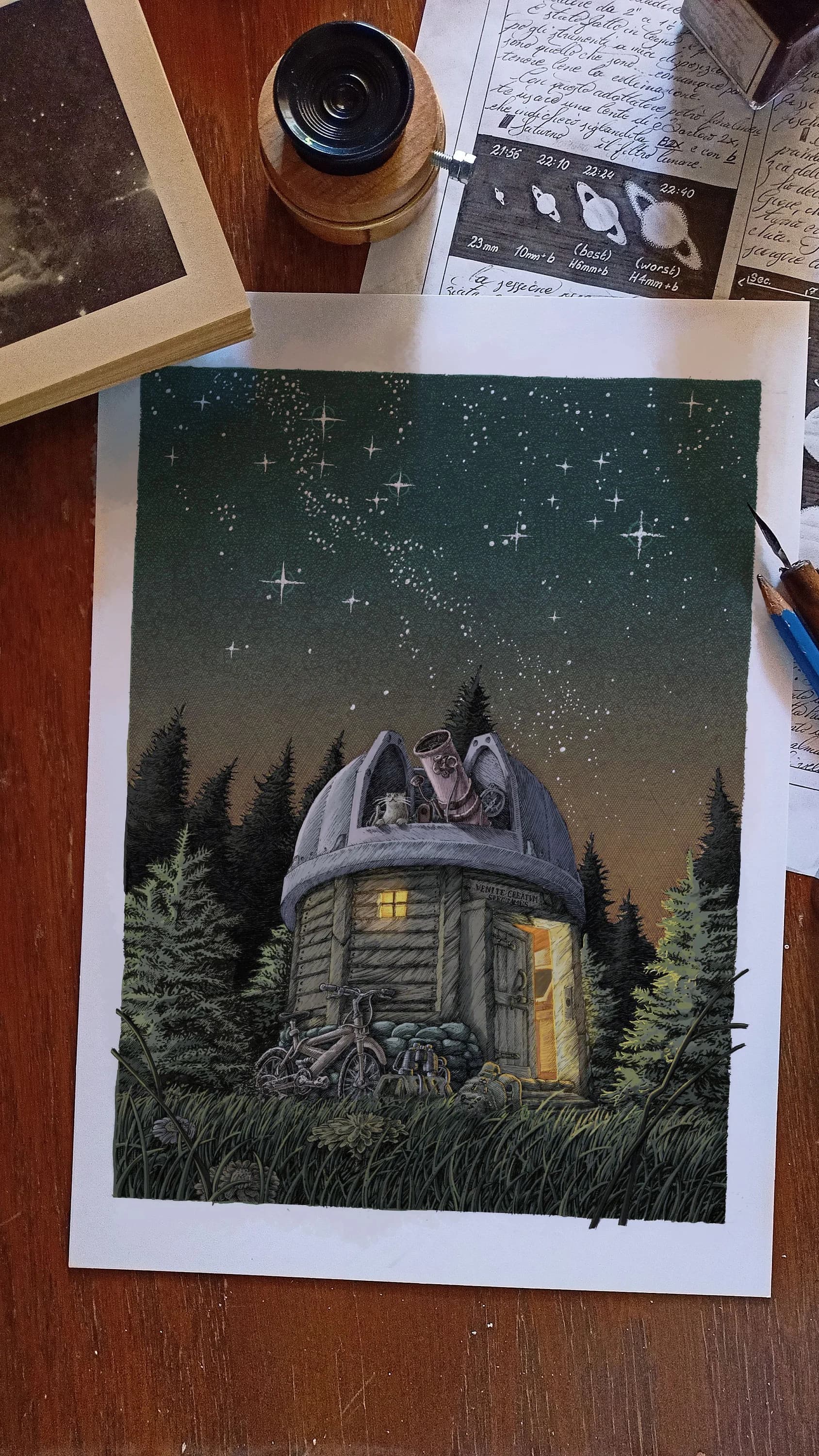 The cat in the observatory - Author print, Astronomy, Poster, A4, A3, Art Print, Crosshatch, Present idea.