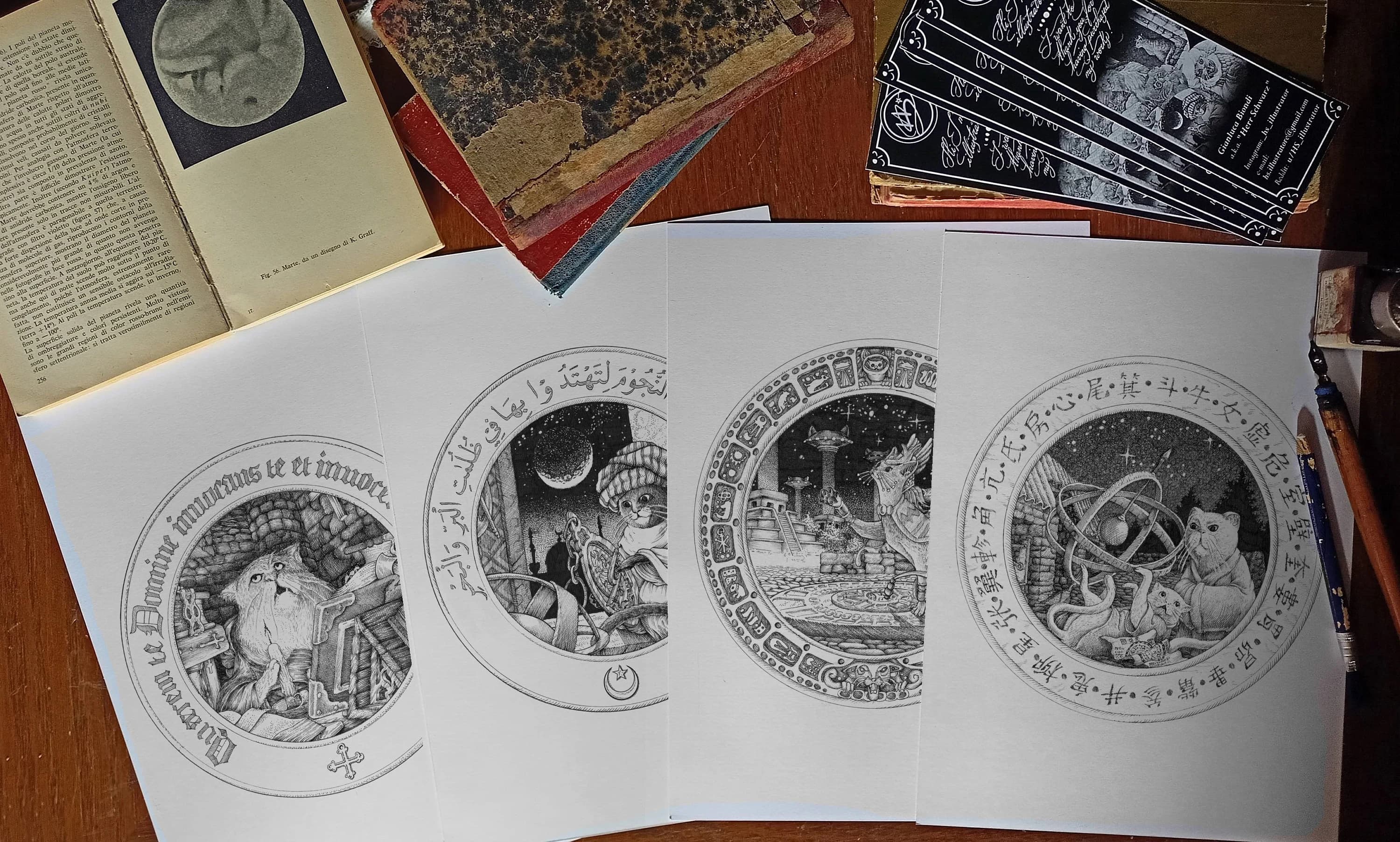All four of my medieval cats - Author print, horror vacui, A4, A3, Art Print, Crosshatch, Present idea.
