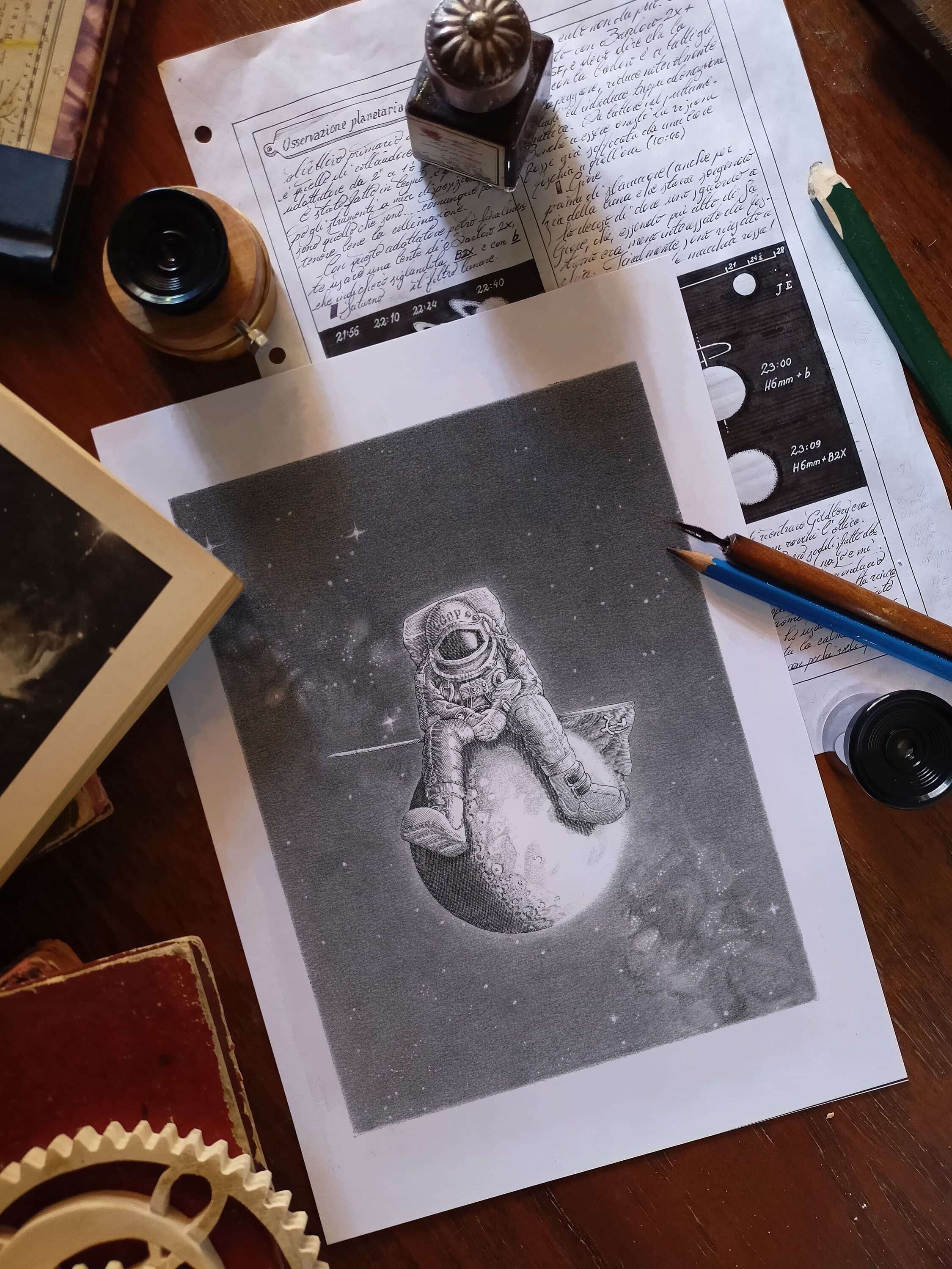 The lonely cosmonaut - Author print, colour or black and white, Poster, A5, A4, A3, A2 Art Print, Crosshatch, Present idea.