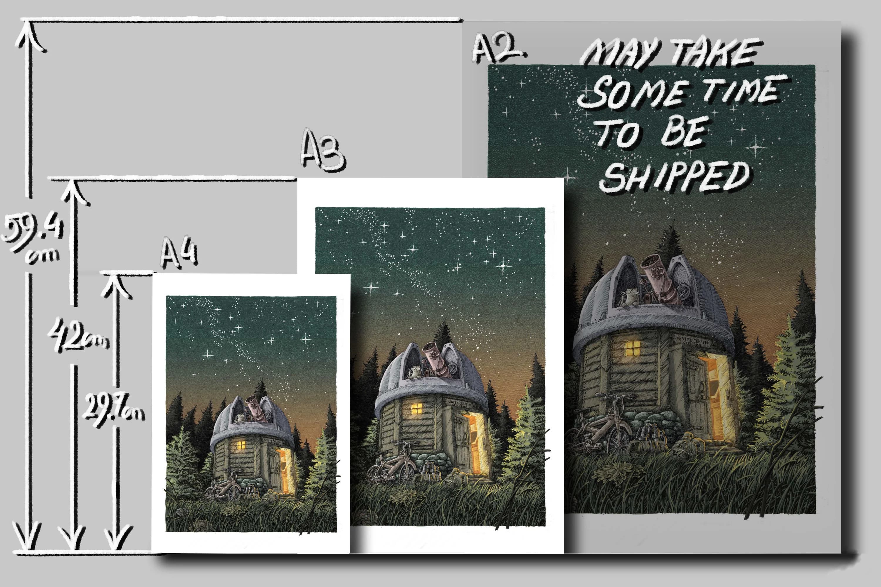 The cat in the observatory - Author print, Astronomy, Poster, A4, A3, Art Print, Crosshatch, Present idea. - image 3