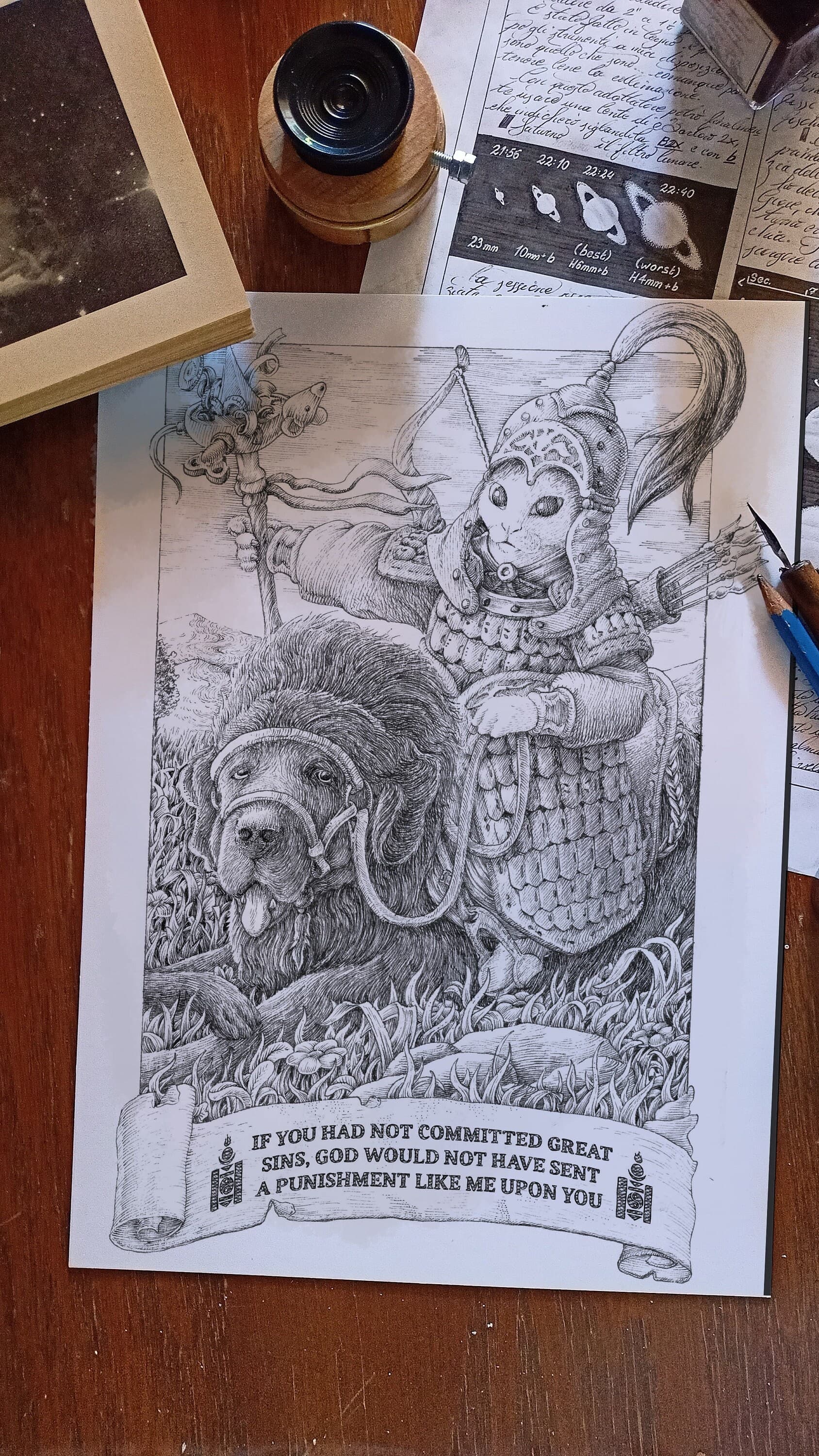 The mongol soldier - Author print, horror vacui, Poster, A4, A3, A2 Art Print, Crosshatch, Present idea. - image 3