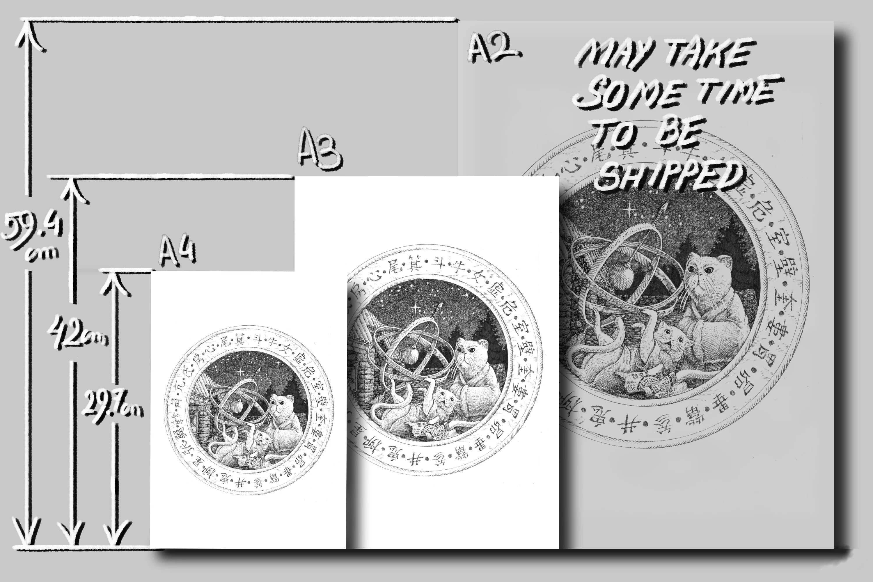 All four of my medieval cats - Author print, horror vacui, A4, A3, Art Print, Crosshatch, Present idea. - image 4